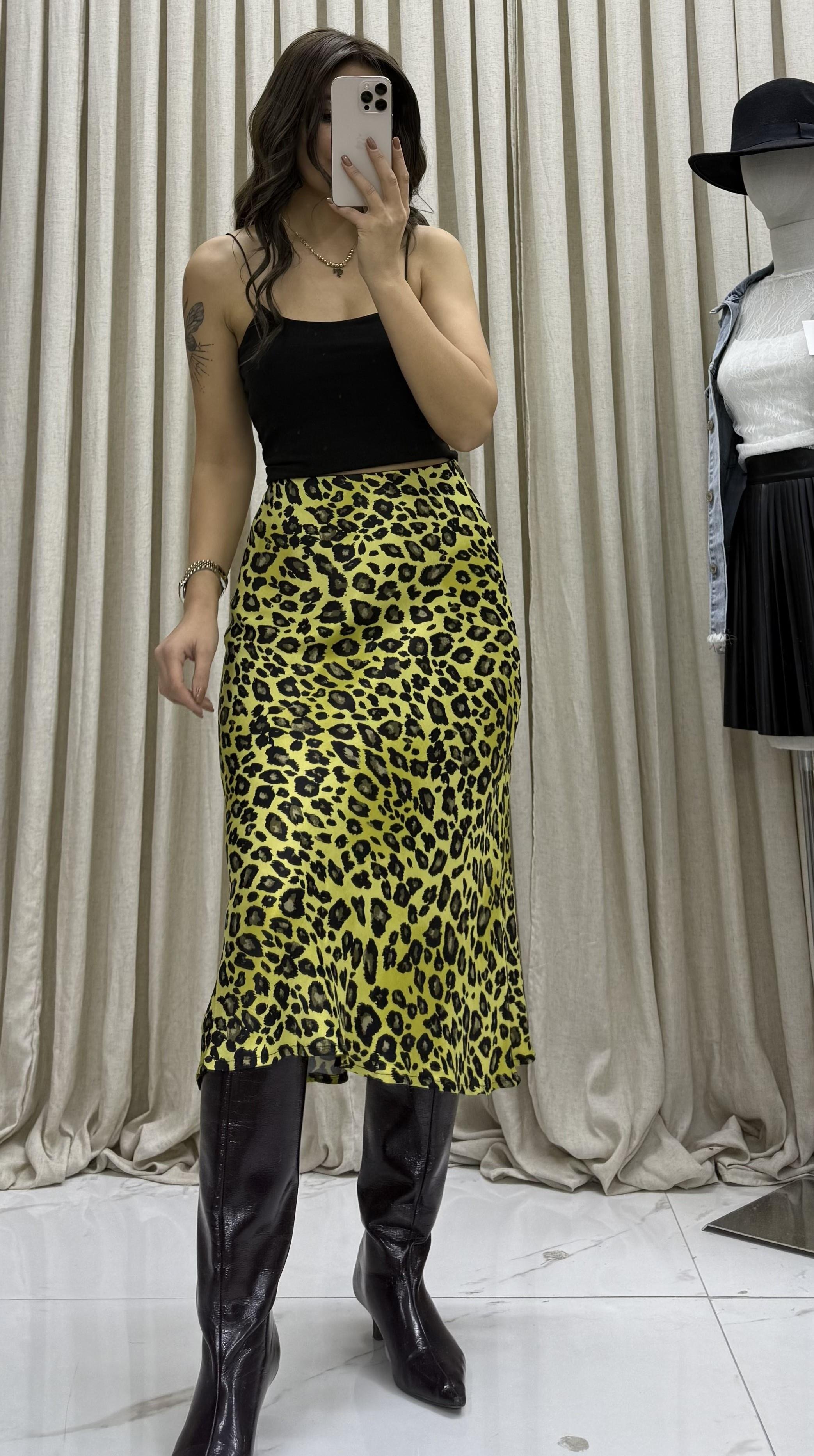 Leopar Desenli Saten Etek -Yeşil