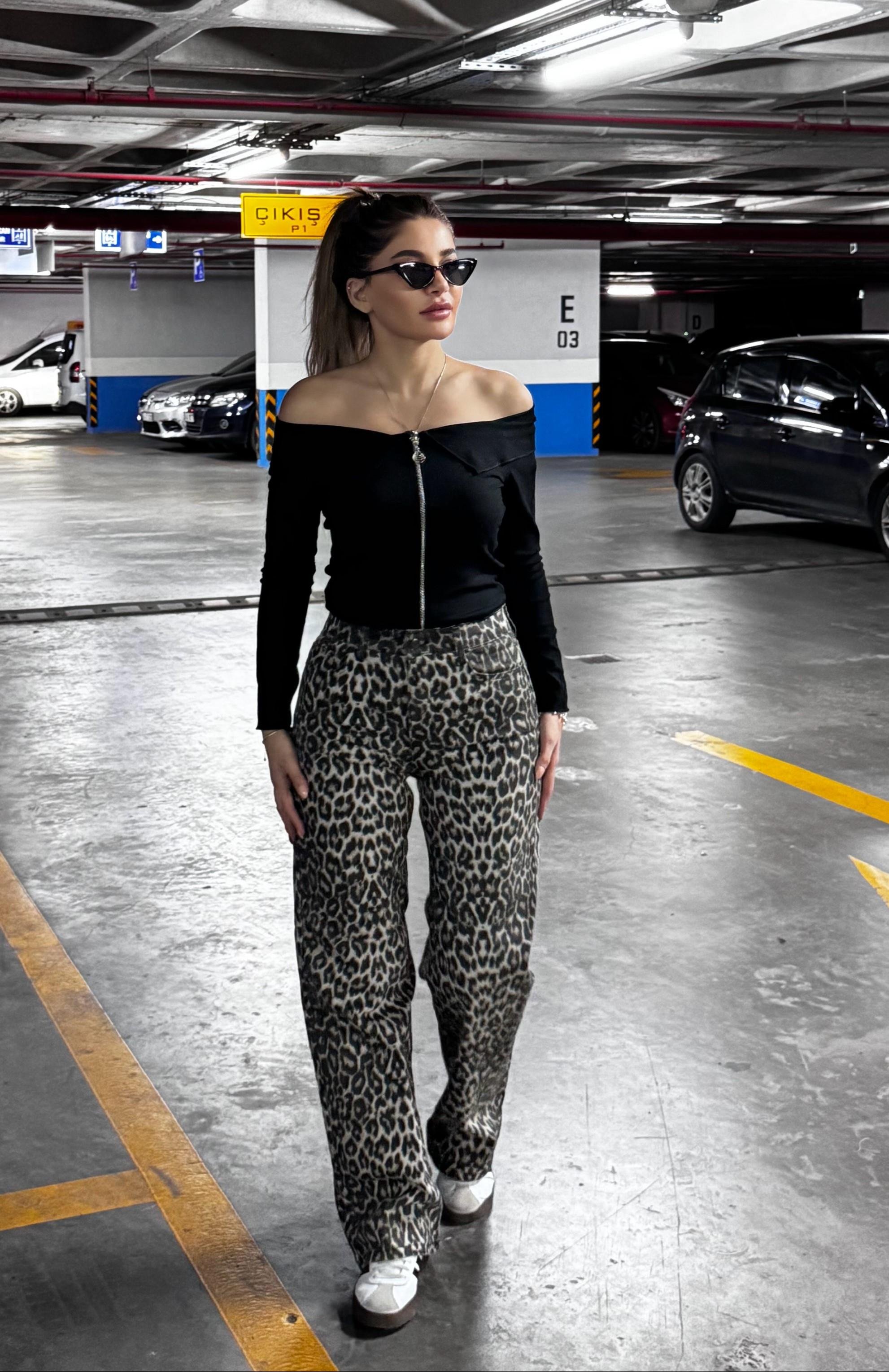 Leopar  Desenli Straight Jean
