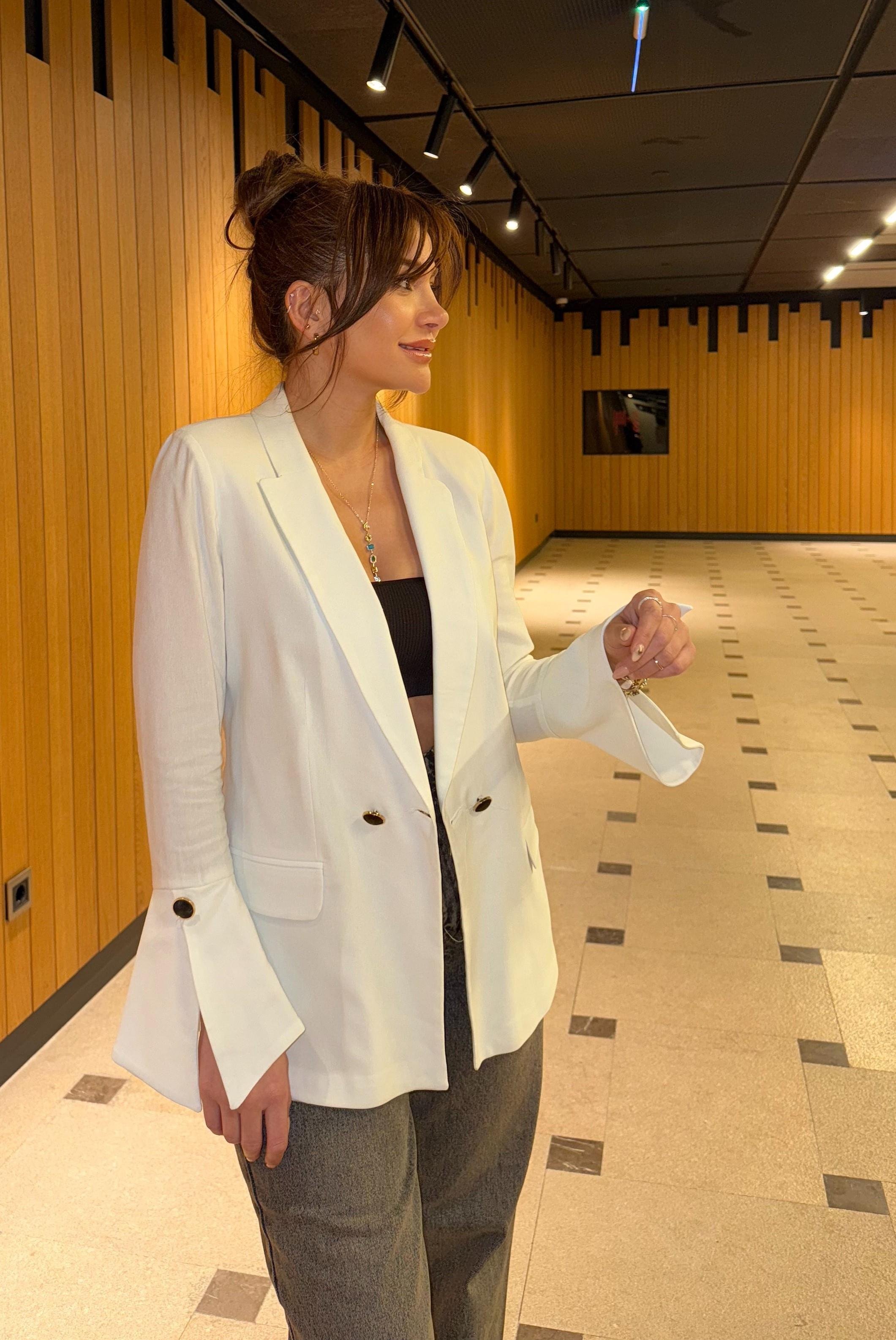 Lüx kalite Keten Blazer Ceket-Beyaz