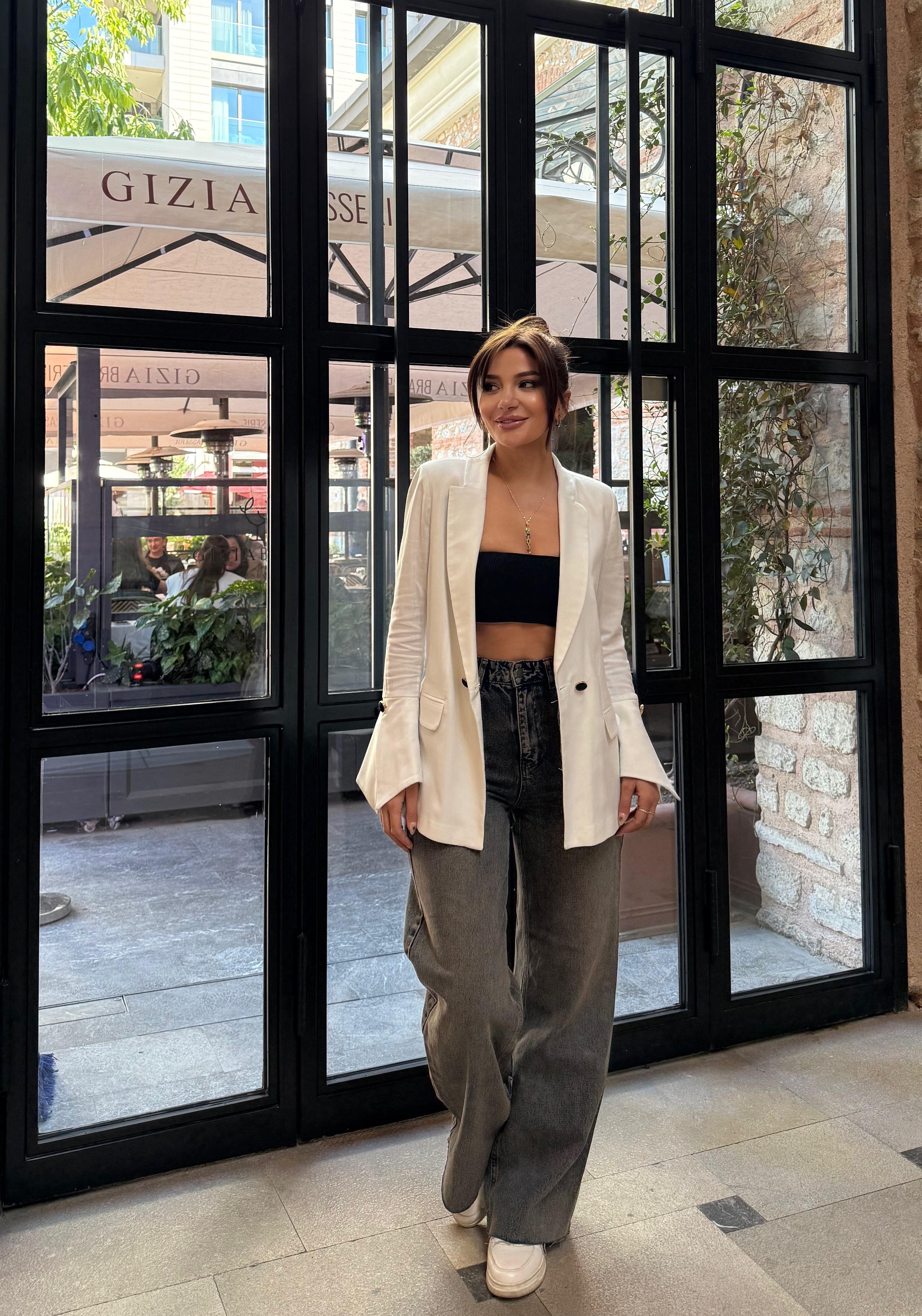 Lüx kalite kol Tasarım Keten Blazer Ceket-Beyaz