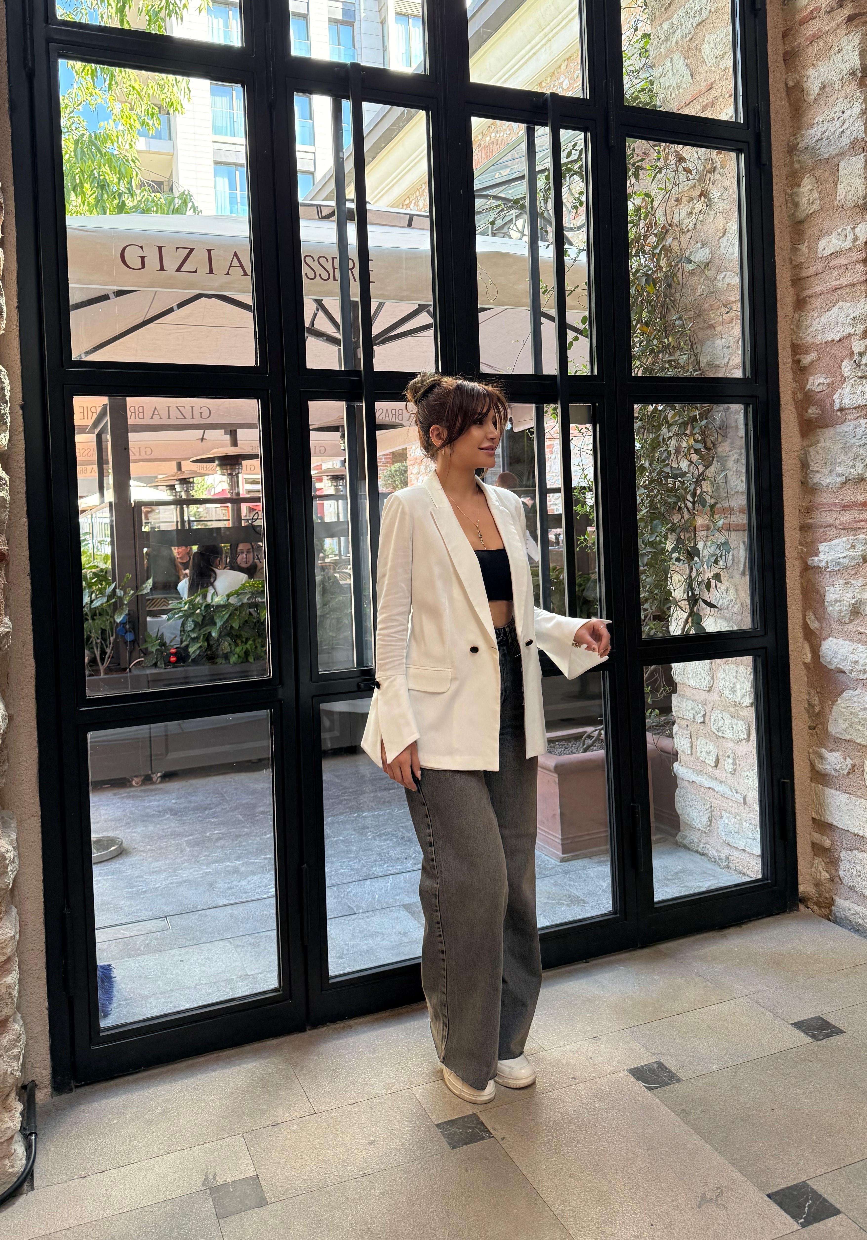 Lüx kalite kol Tasarım Keten Blazer Ceket-Beyaz