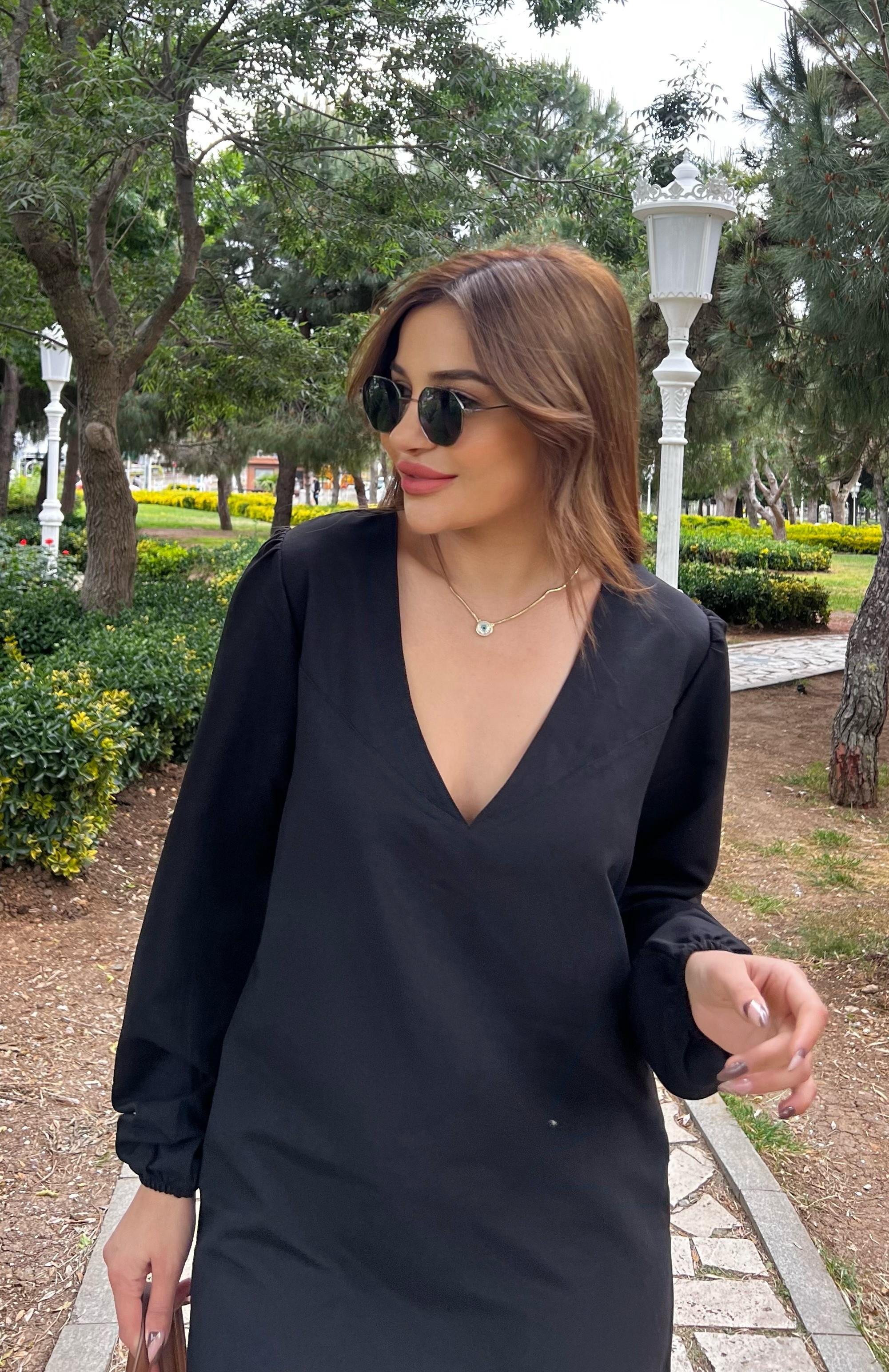Lüx Kalite V Yaka Sade Şık Düz Siyah Renk Kadın Elbise