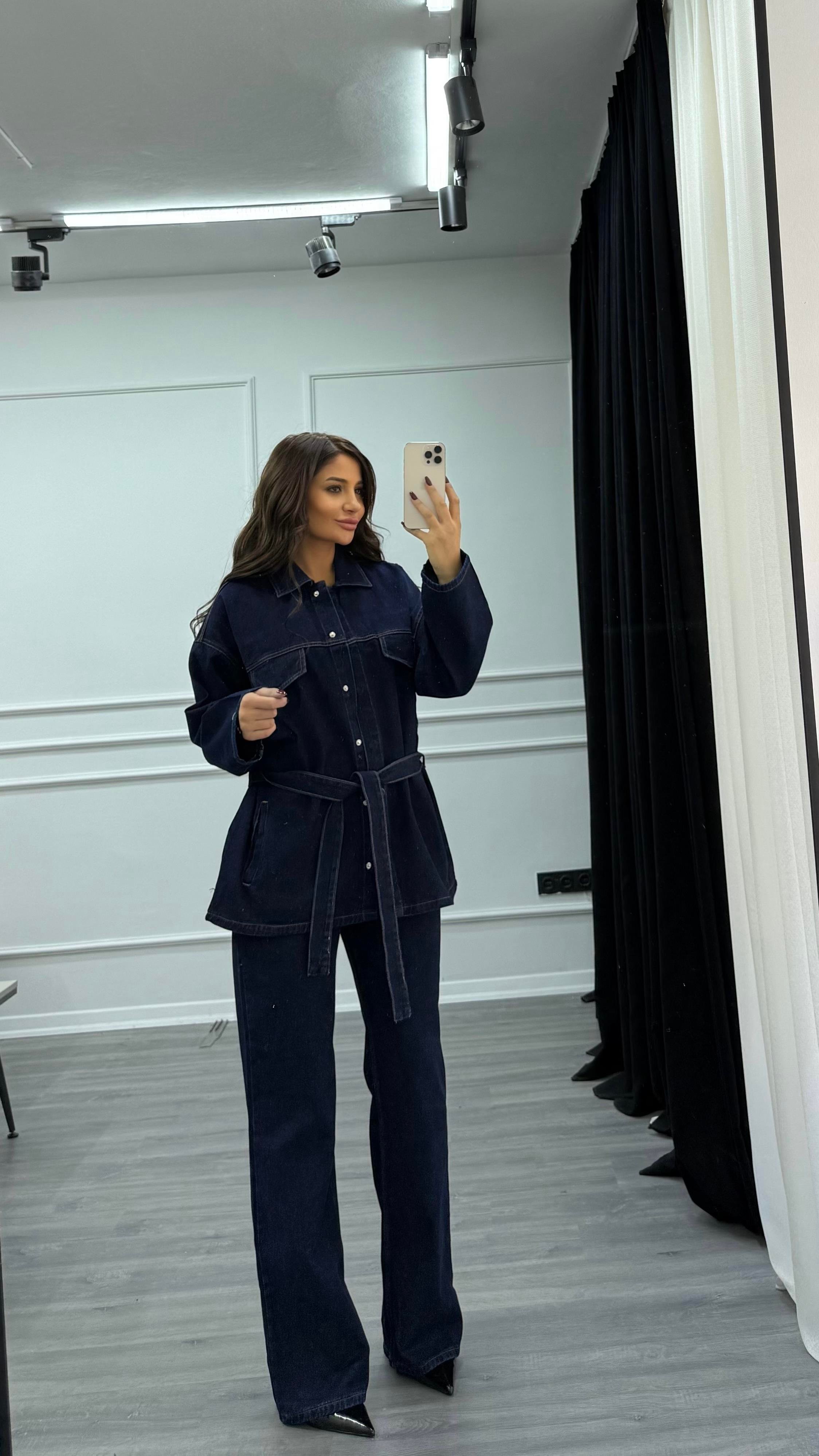 Mavi Bağlamalı Ceket ve Pantolon Denim Takım