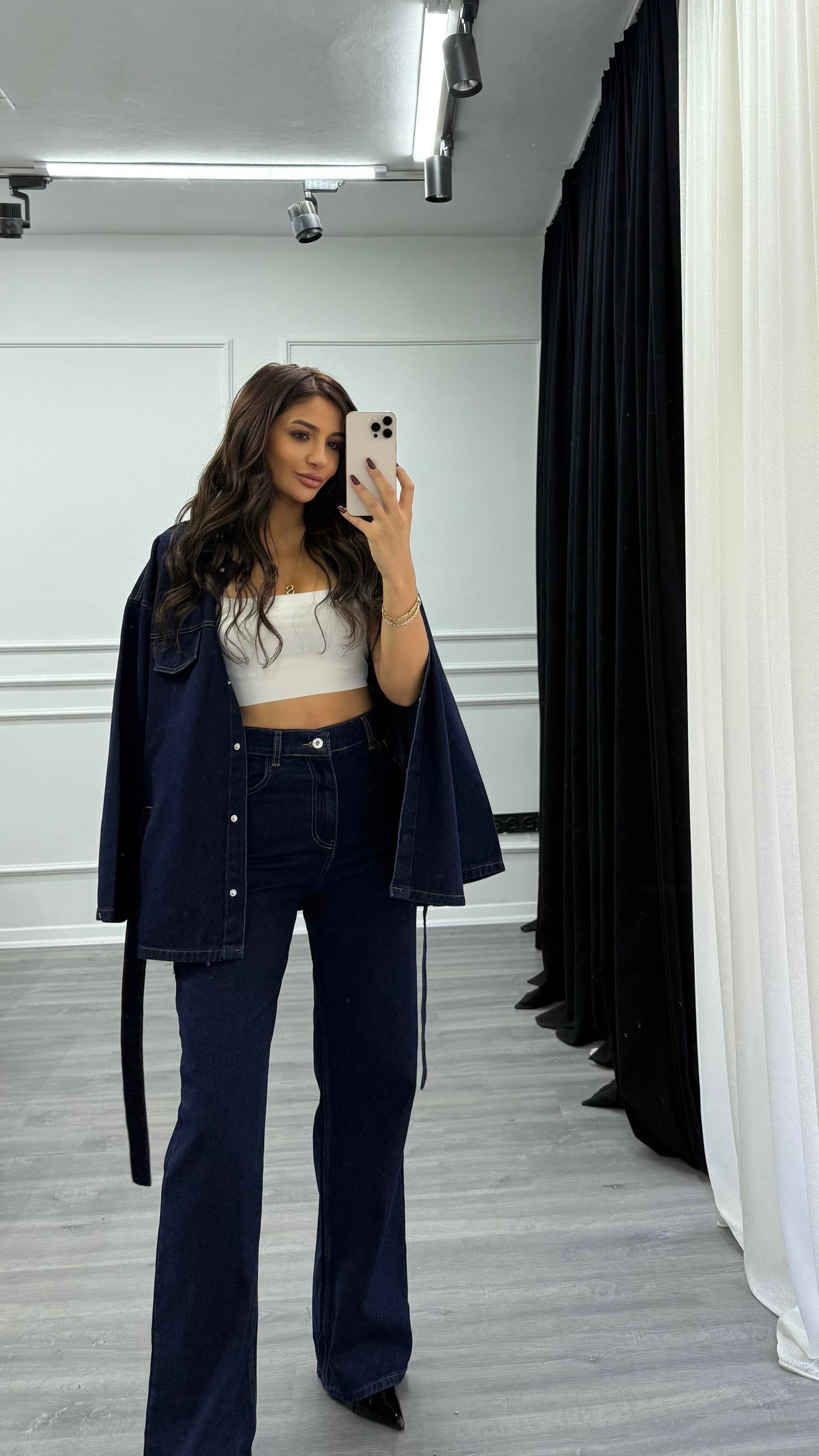 Mavi Bağlamalı Ceket ve Pantolon Denim Takım