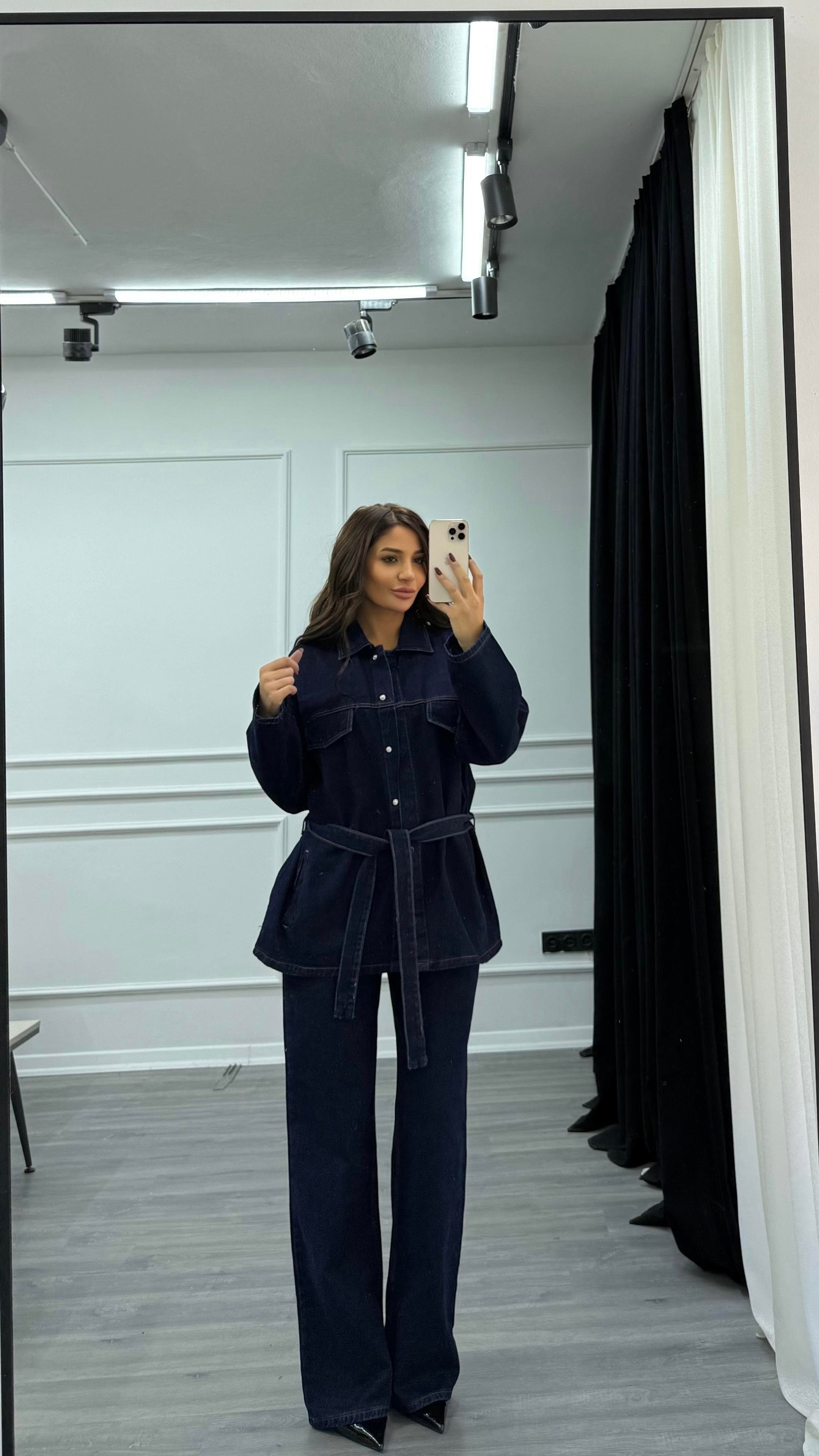 Mavi Bağlamalı Ceket ve Pantolon Denim Takım