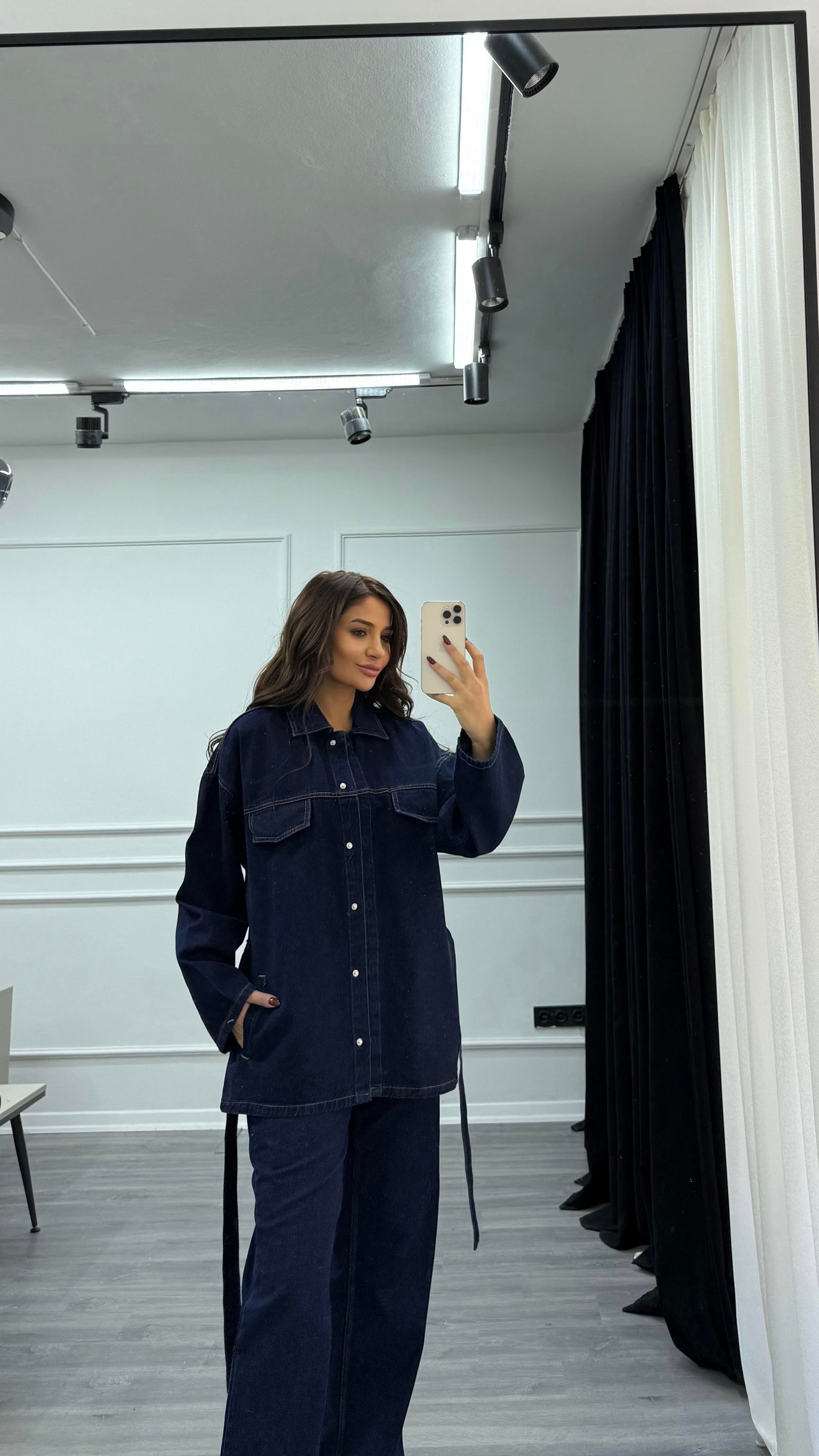 Mavi Bağlamalı Ceket ve Pantolon Denim Takım