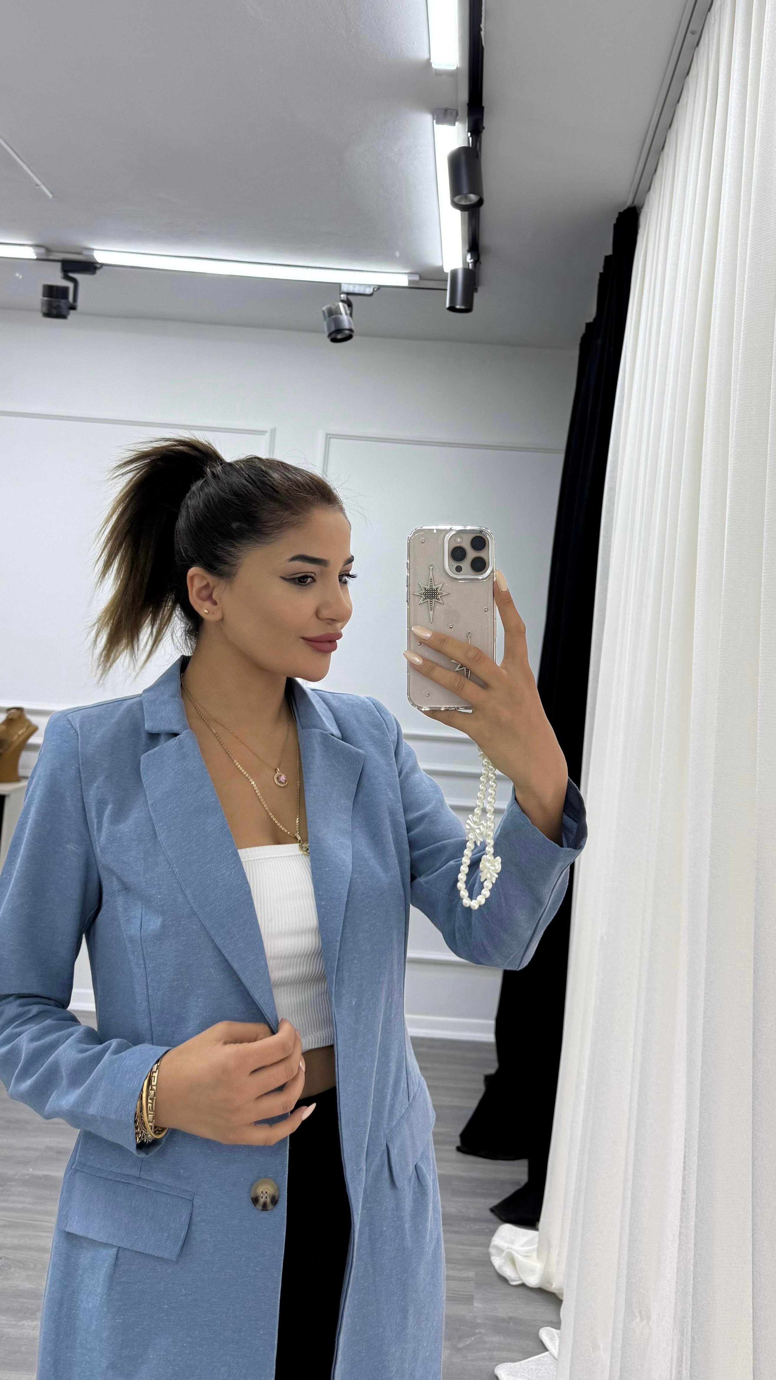 Mavi Düğmeli Keten Blazer Ceket