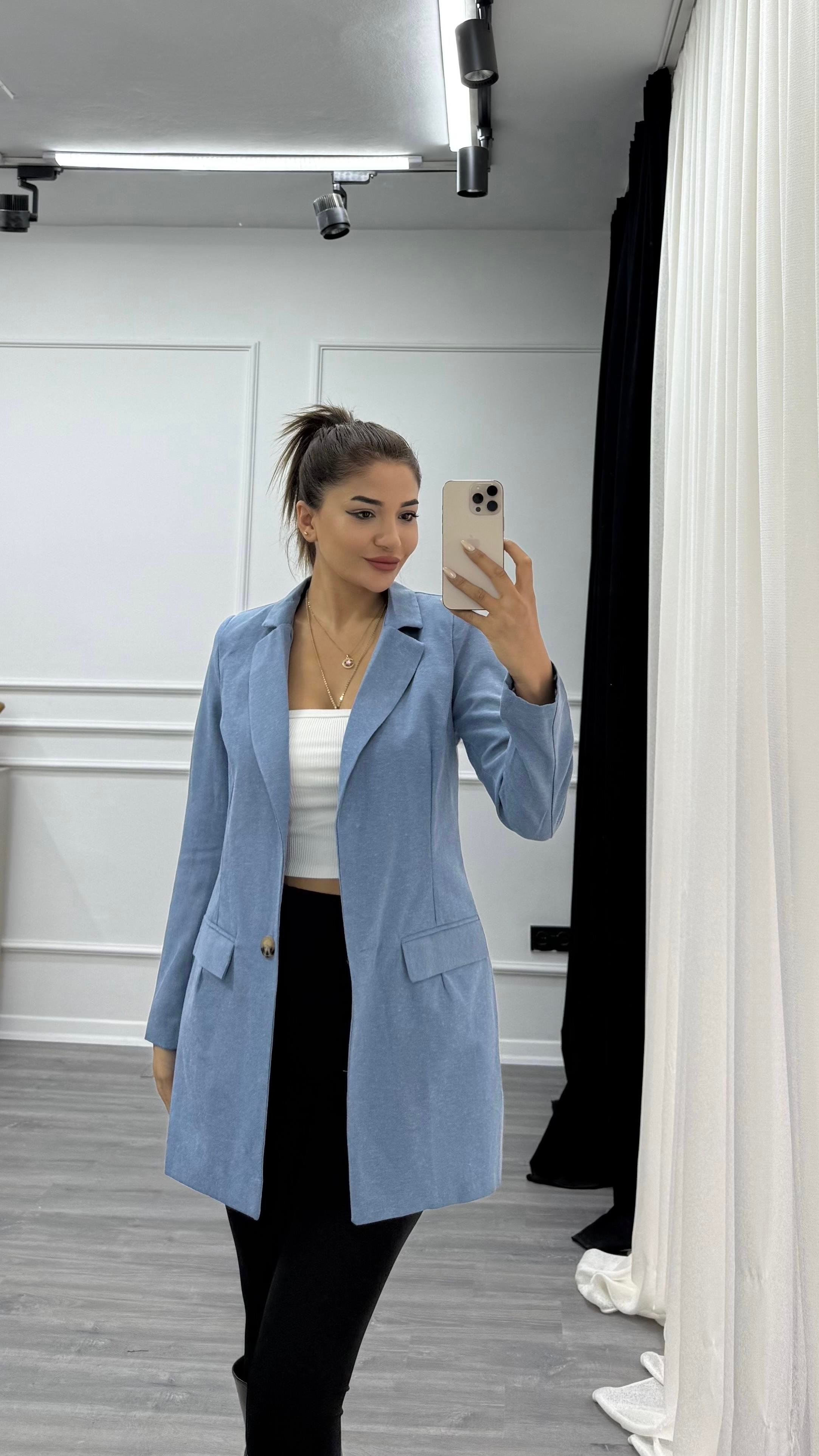 Mavi Düğmeli Keten Blazer Ceket