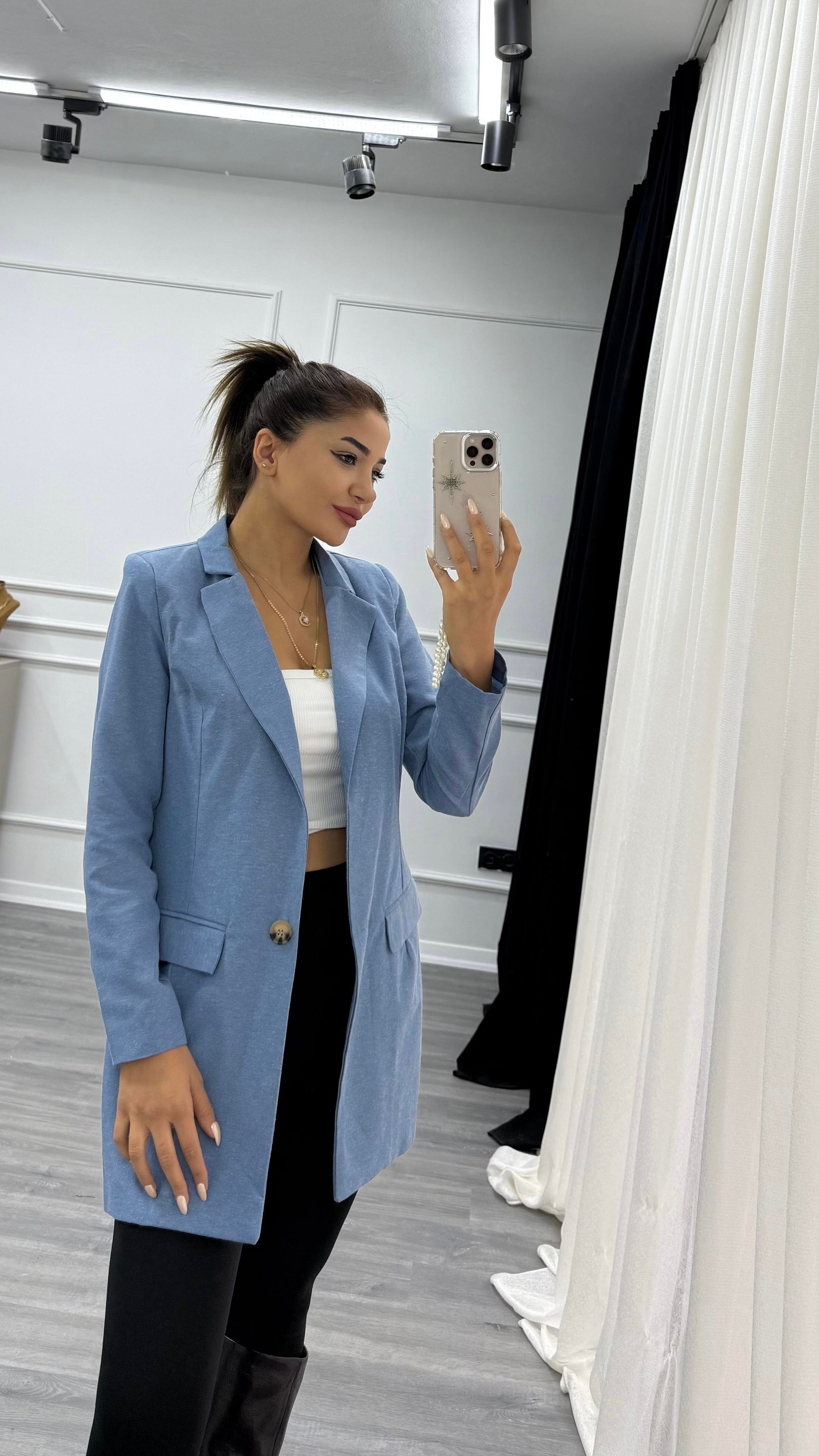 Mavi Düğmeli Keten Blazer Ceket
