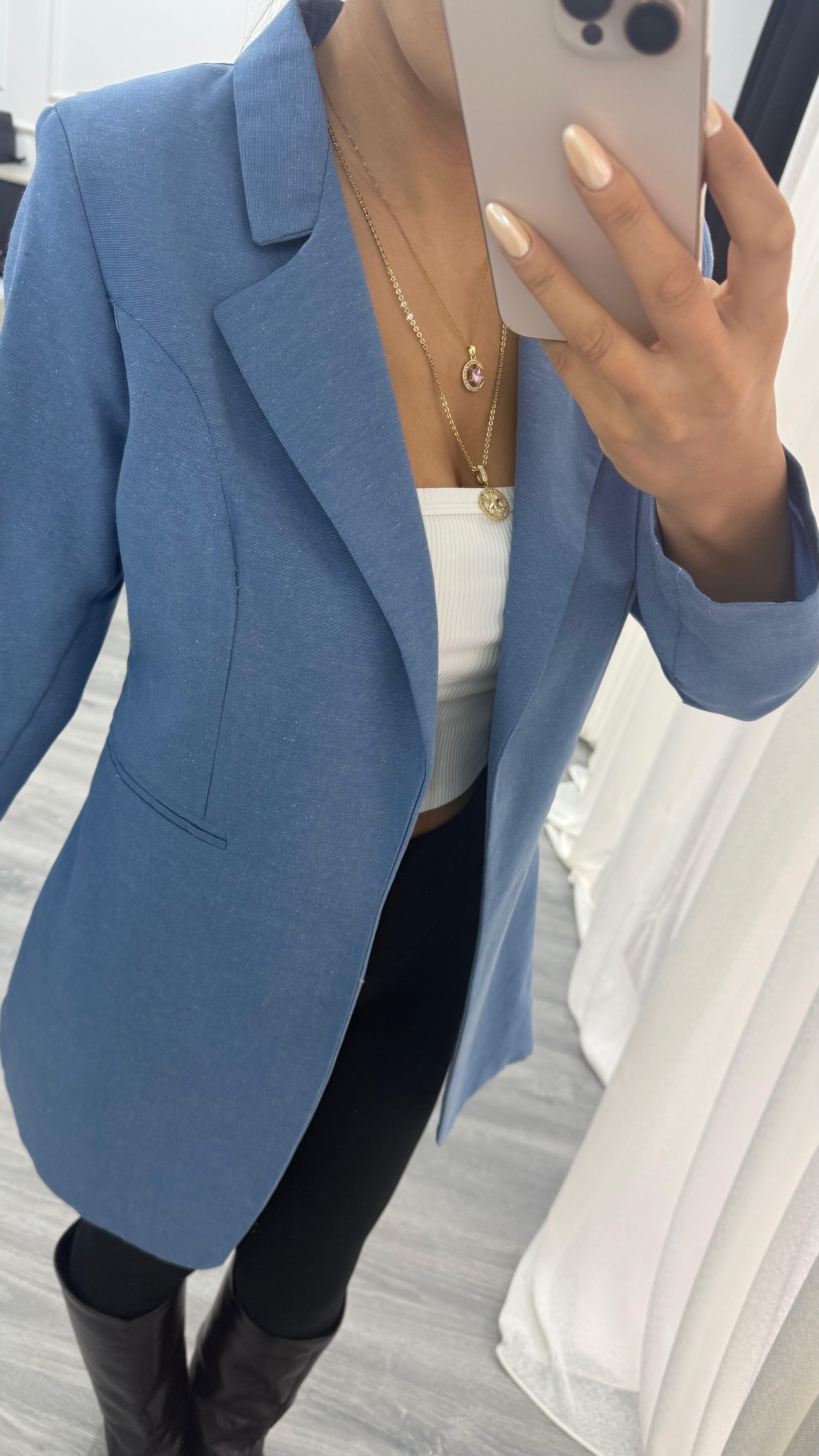 Mavi Düğmesiz Keten Blazer Ceket