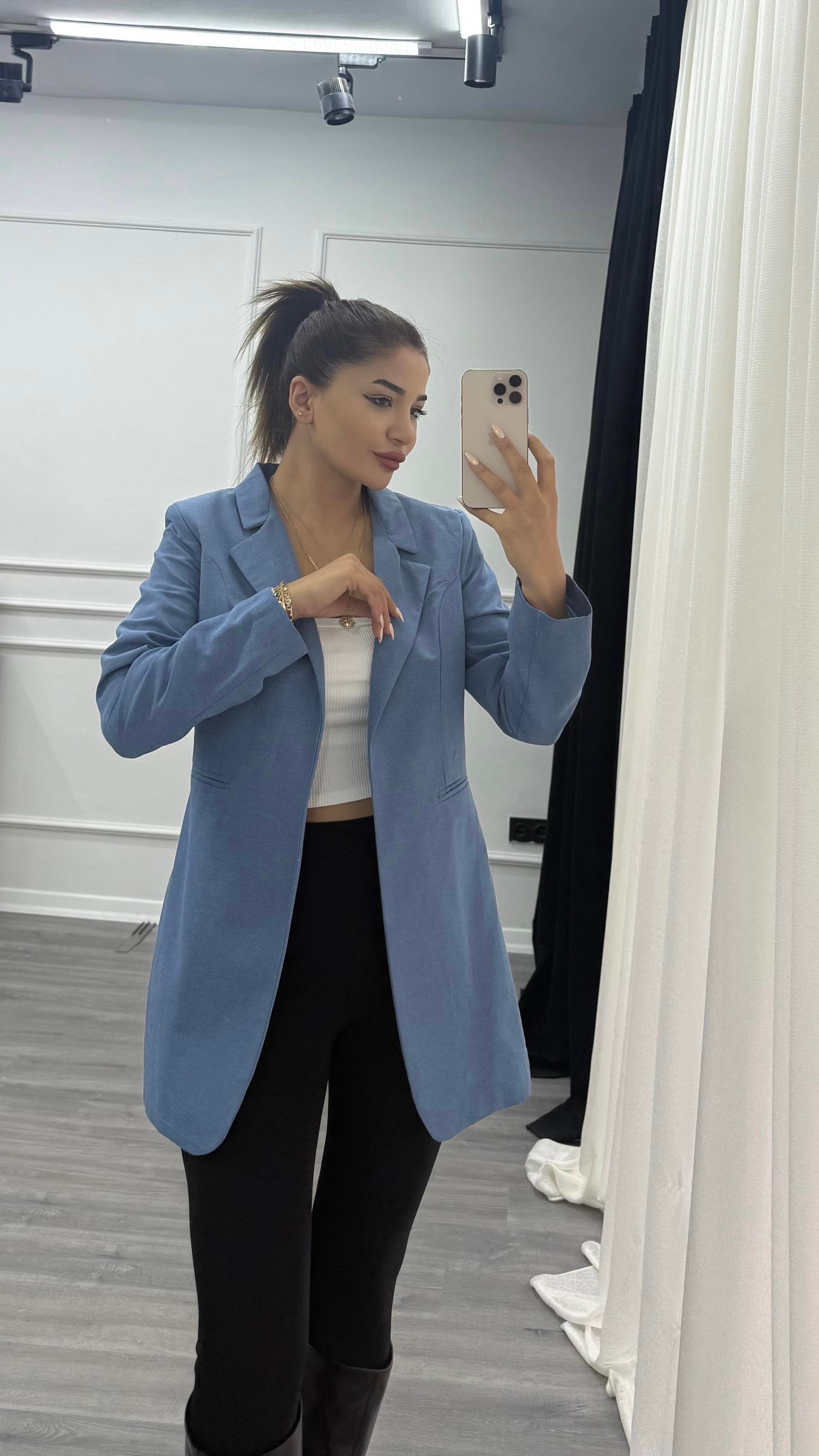Mavi Düğmesiz Keten Blazer Ceket