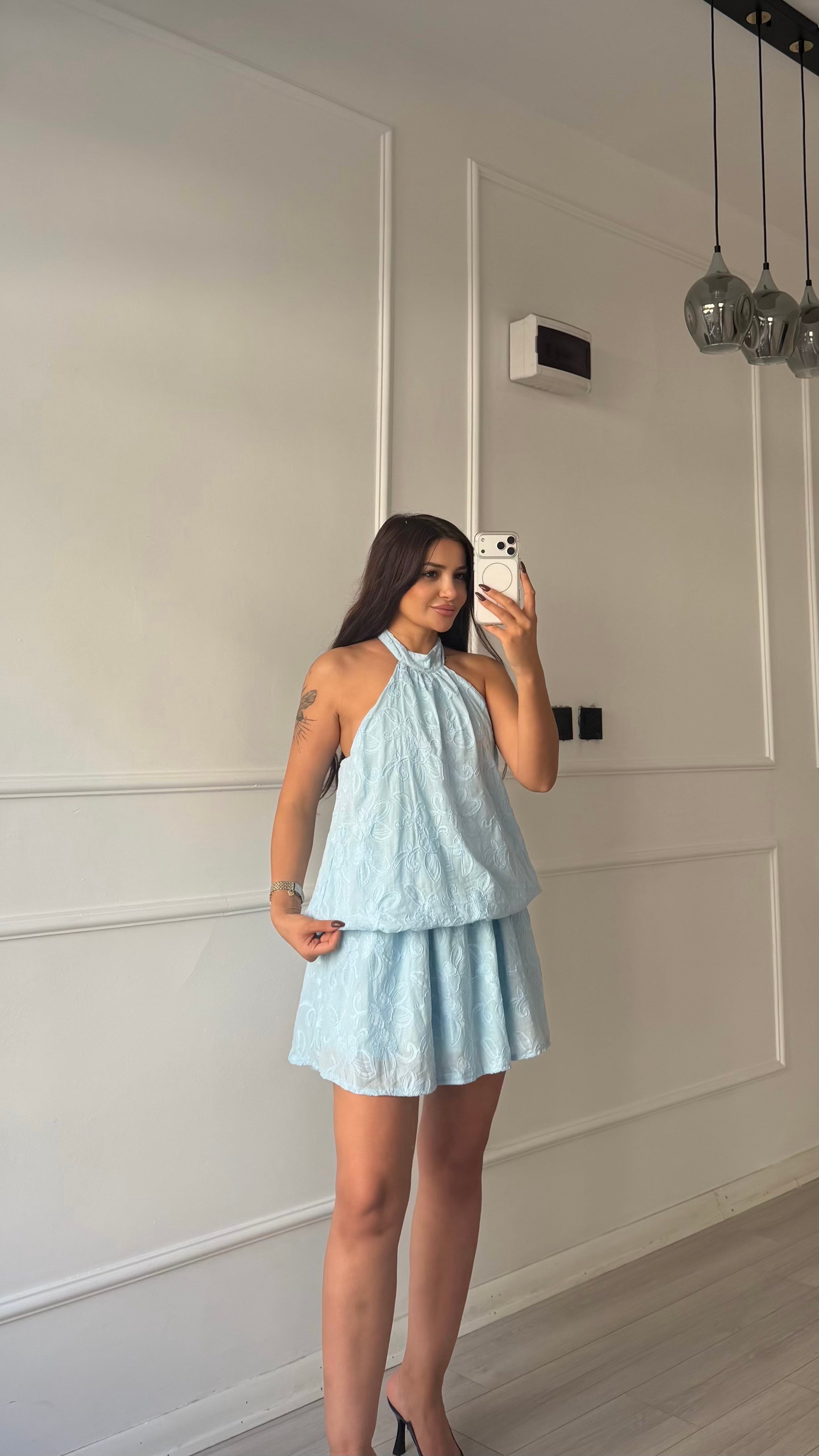 Mavi  Halter Yaka Mini Elbise