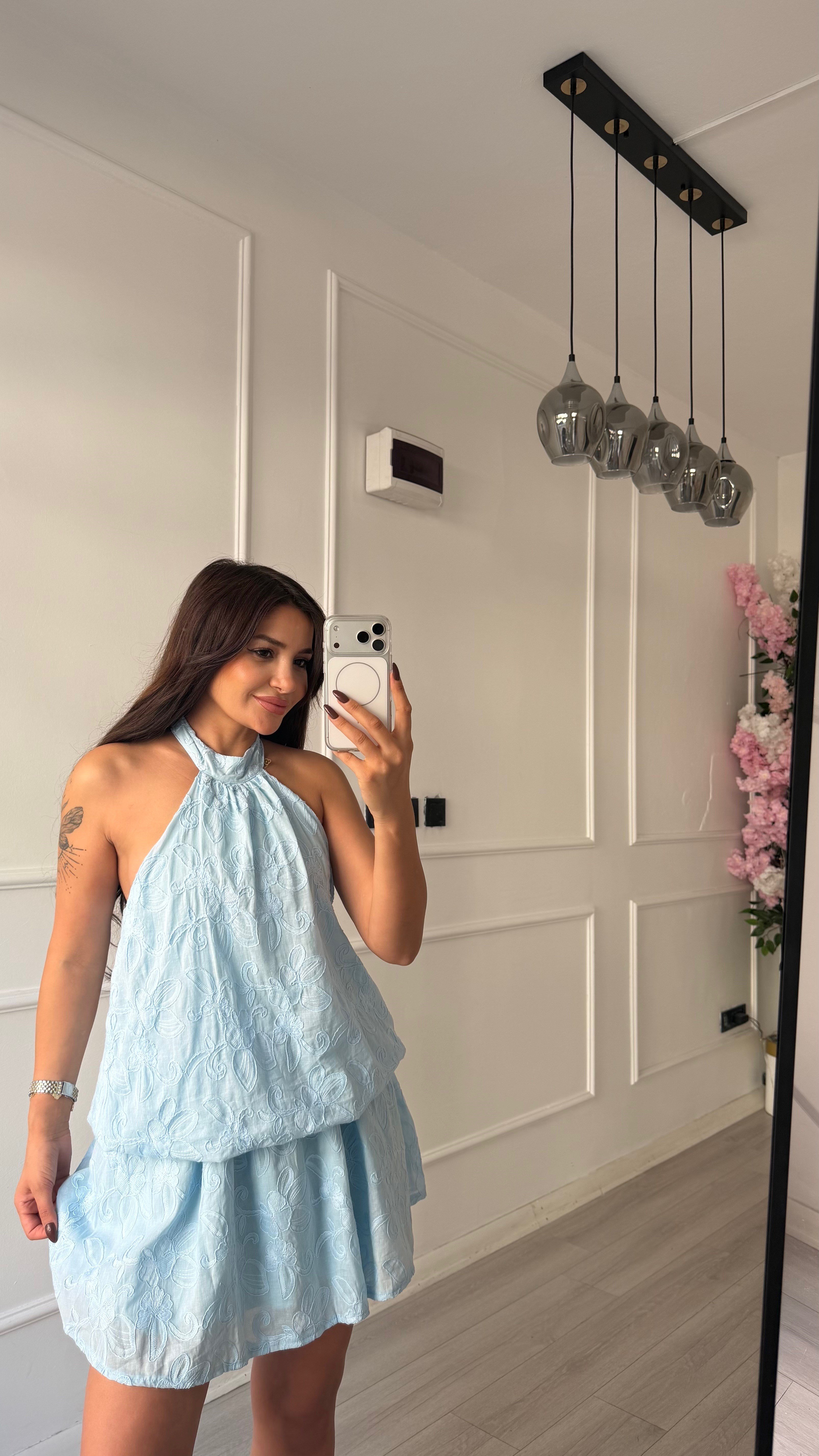 Mavi  Halter Yaka Mini Elbise