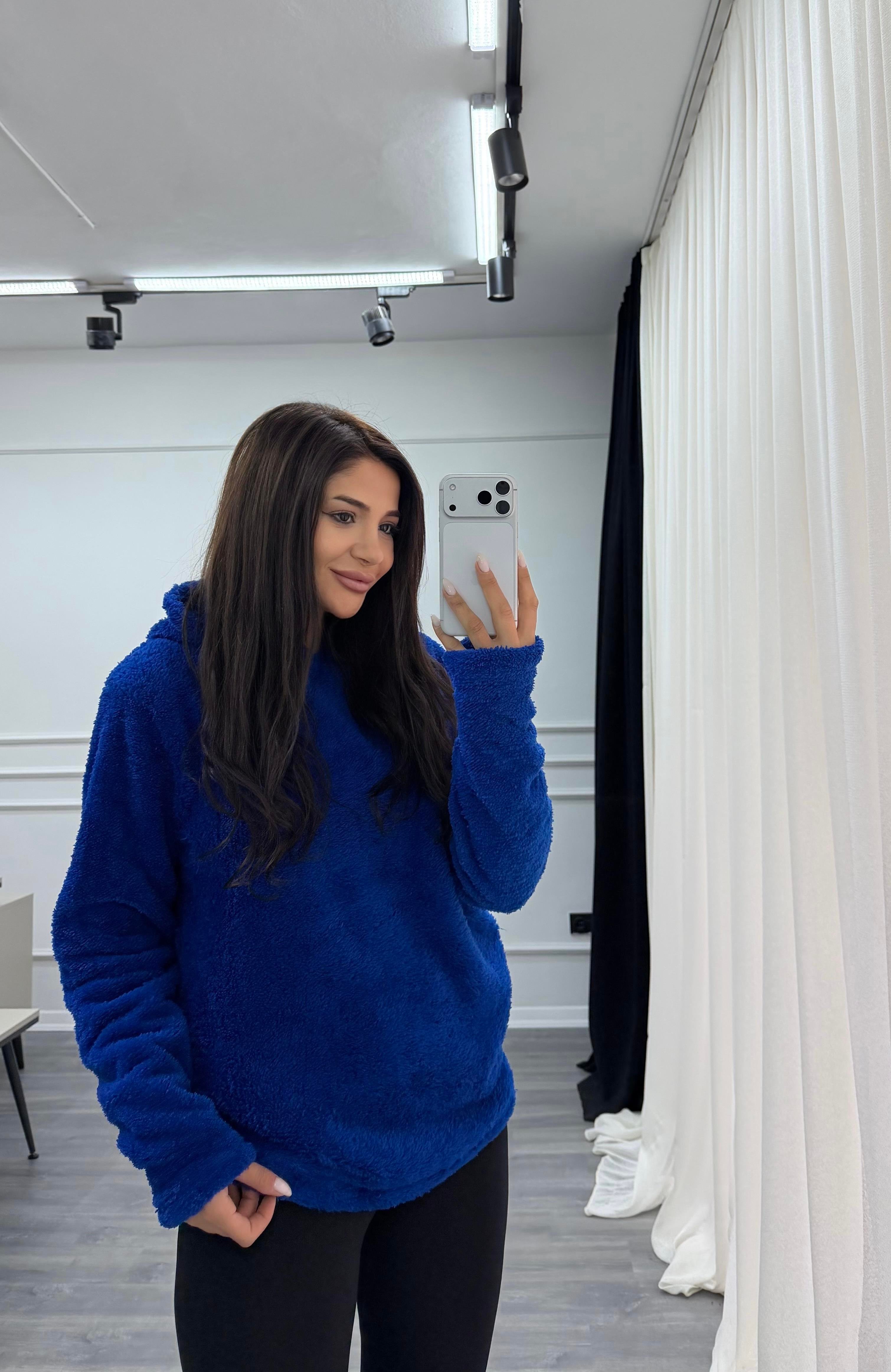 Mavi Kapüşonlu Yumoş Oversize Peluş Sweatshirt