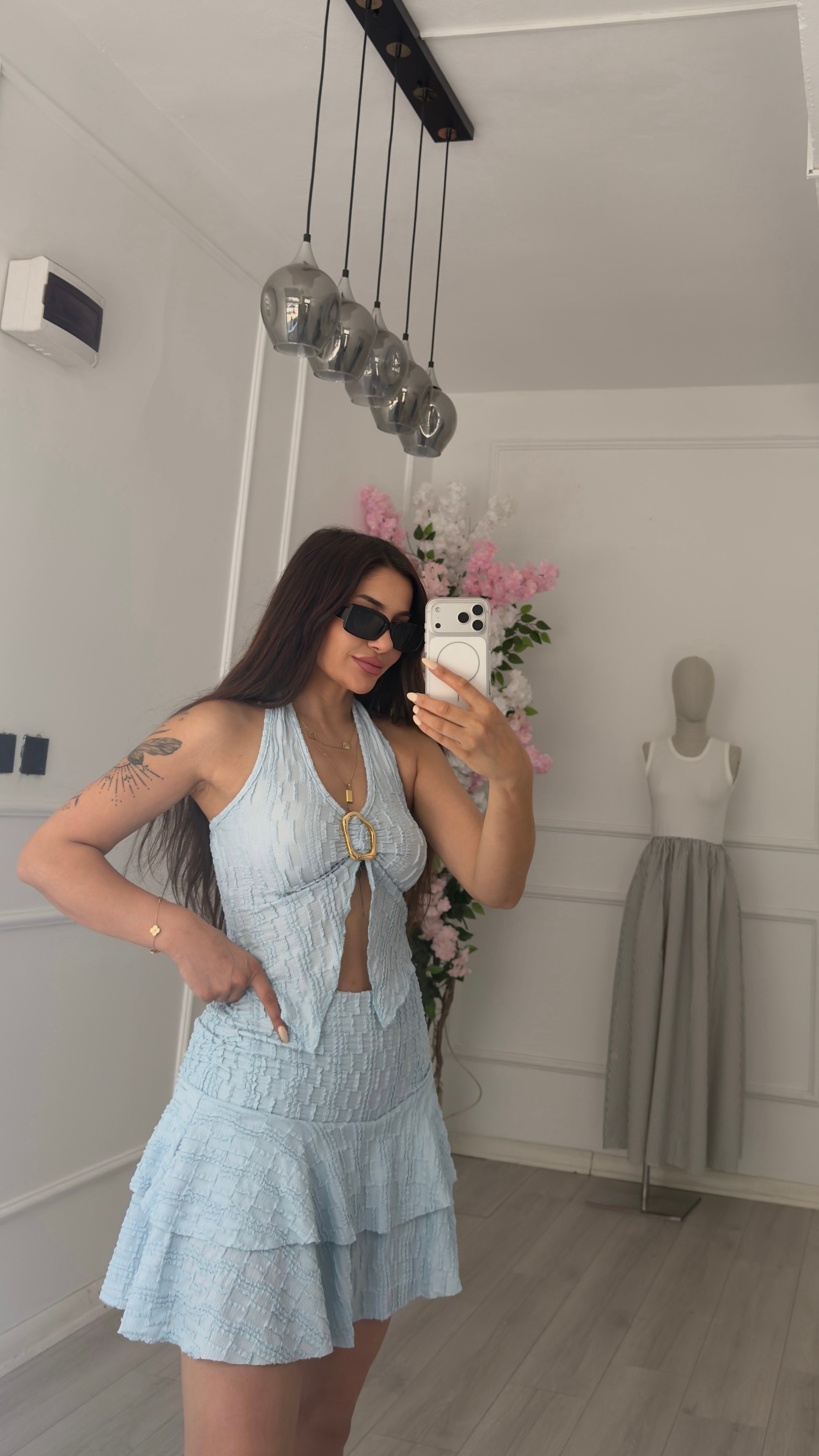 Mavi Toka Detaylı Şortlu Etek Bluz Takım