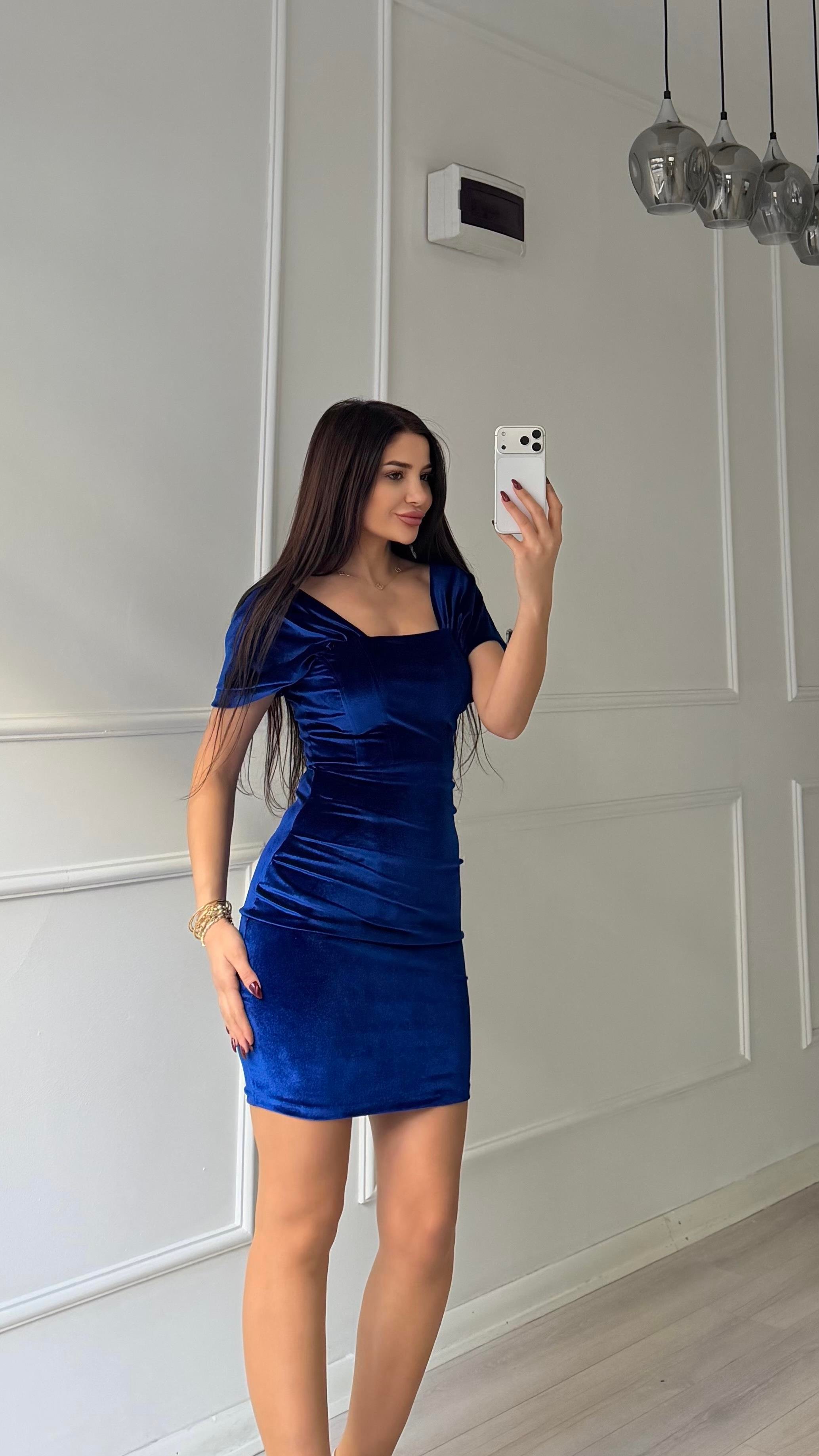 Mavi Yanı Drape Detaylı Elbise