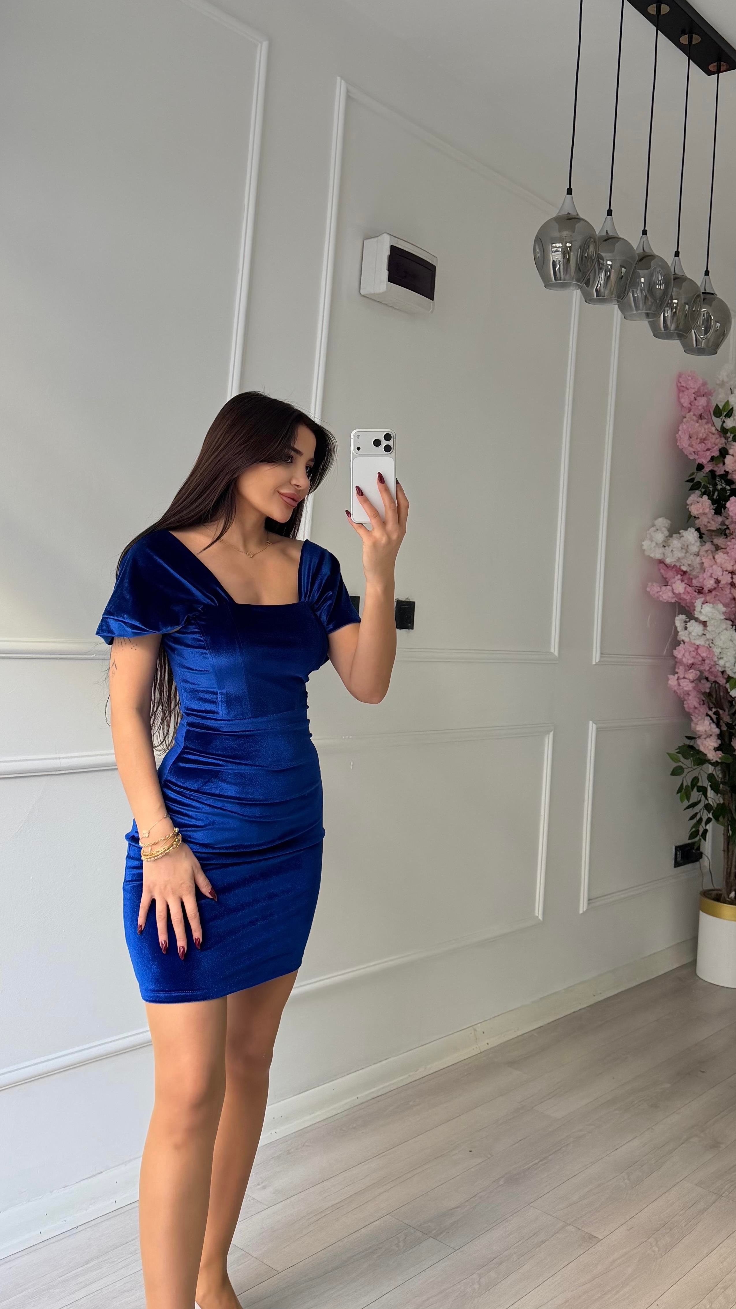 Mavi Yanı Drape Detaylı Elbise