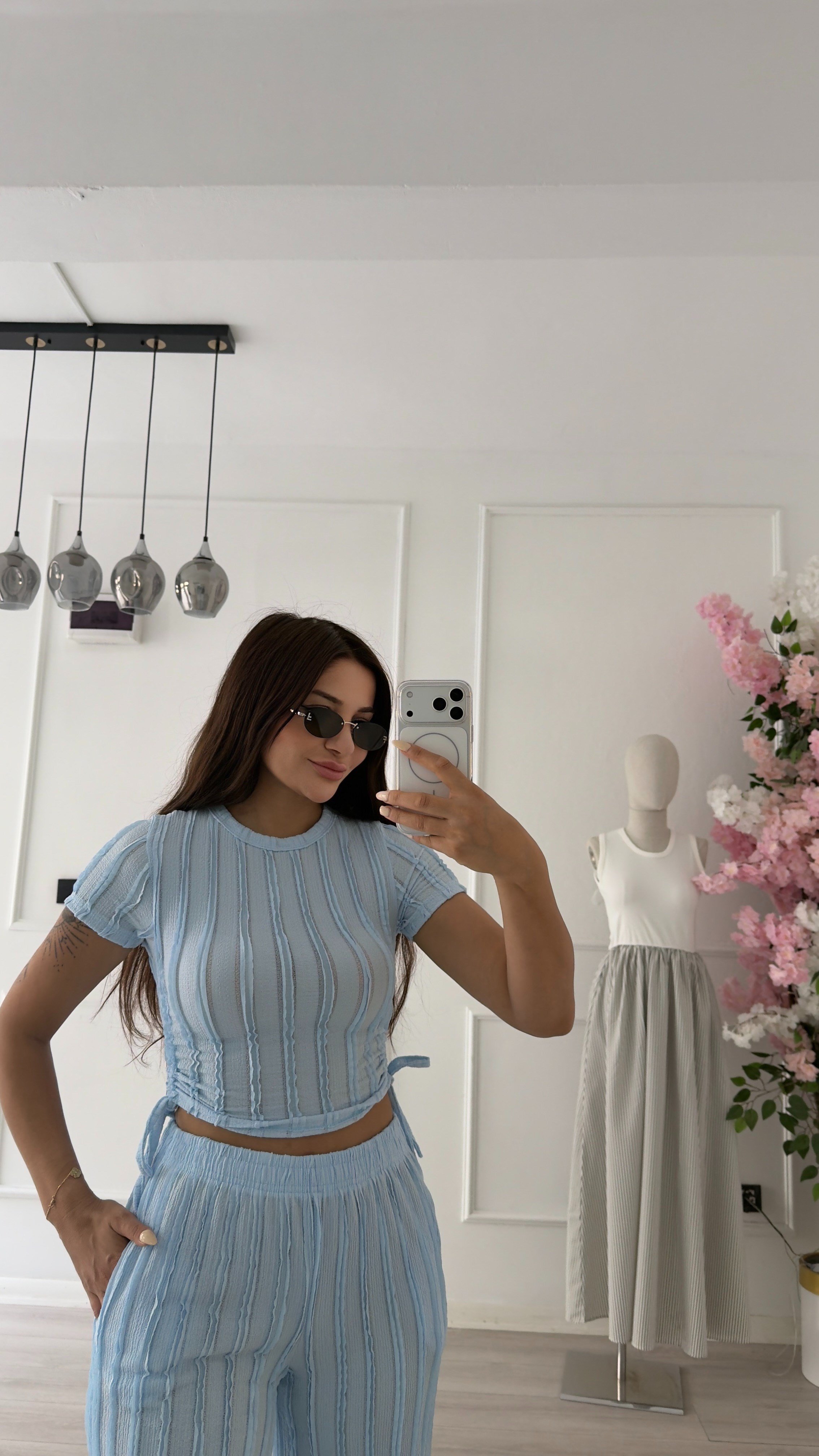 Mavi Yanları Büzgülü Pantolon Takım