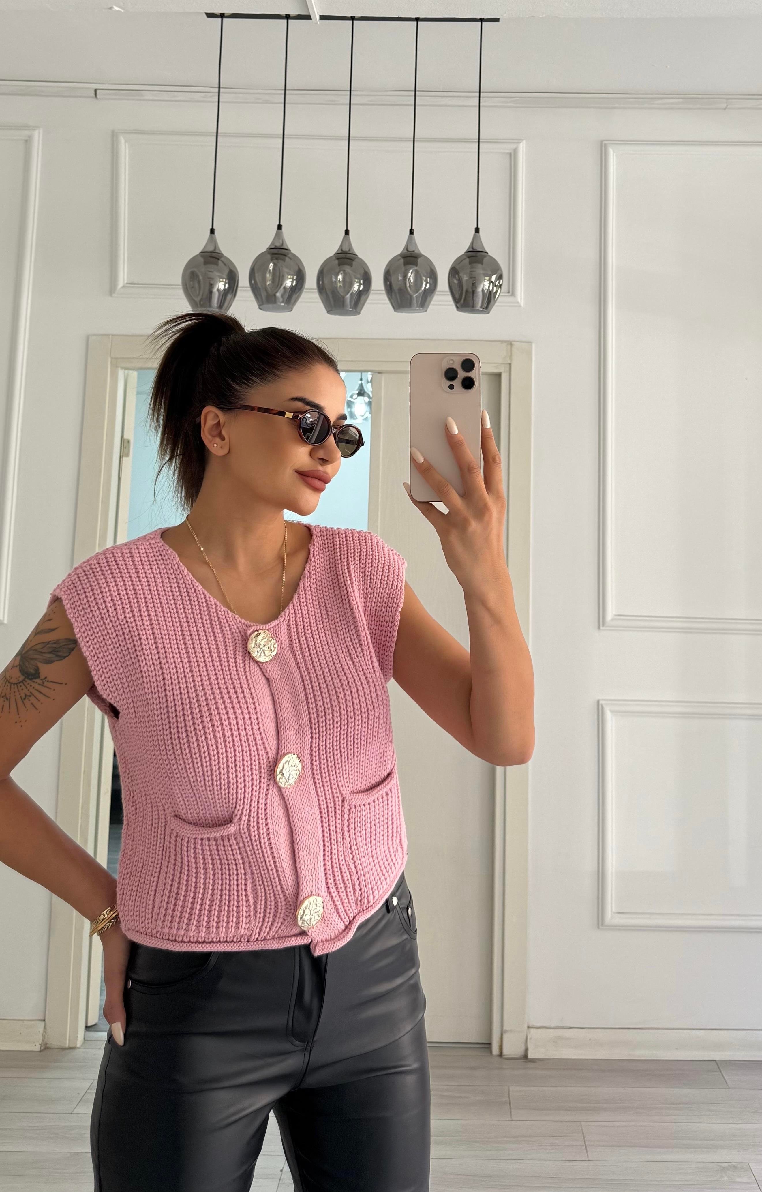 Model Gold Düğme Elit Triko Yelek Pembe