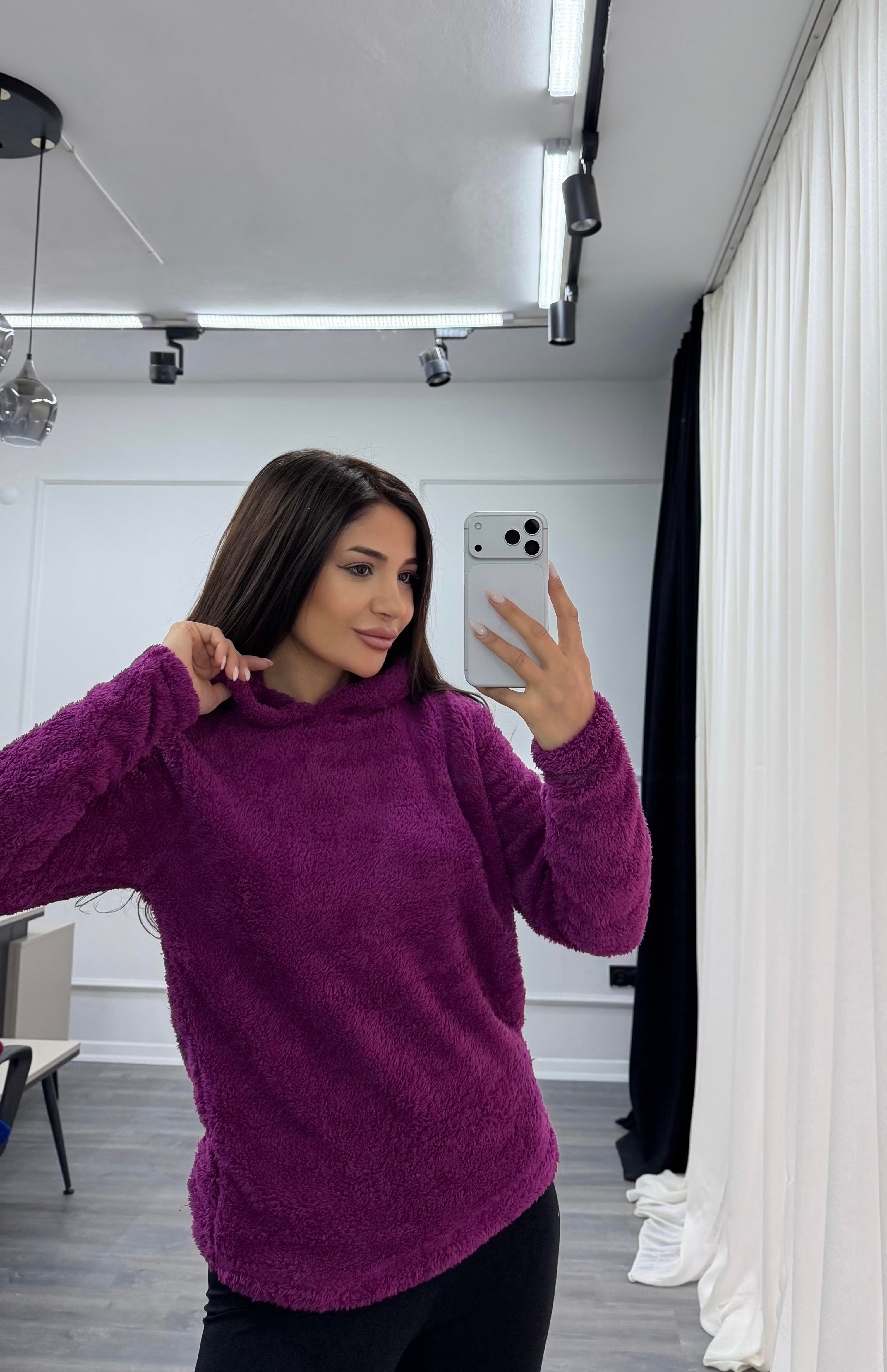 Mürdüm Kapüşonlu Yumoş Oversize Peluş Sweatshirt
