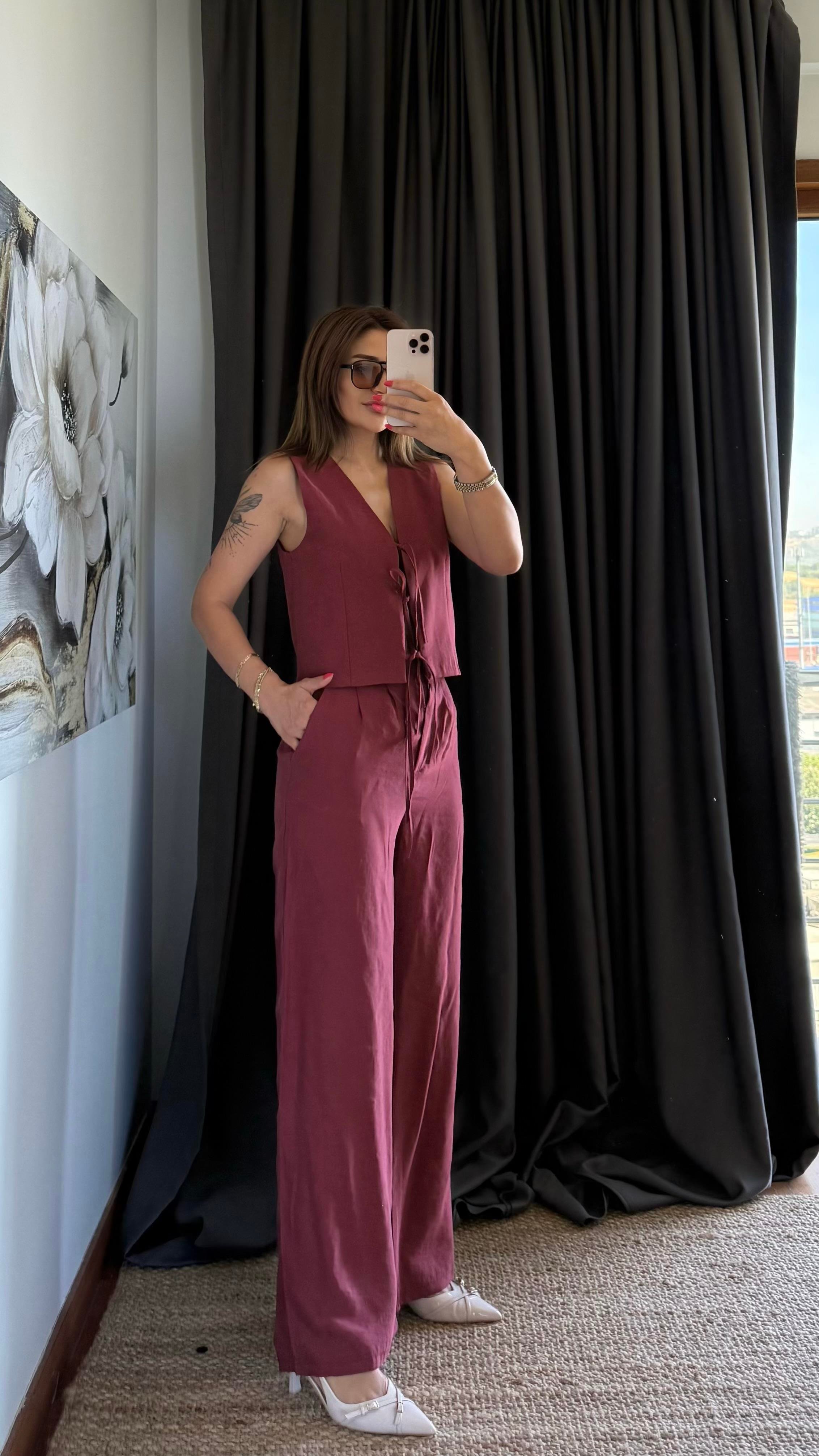 Ön Bağlama Detaylı Yelek Ve Pantolon Bordo İkili Takım