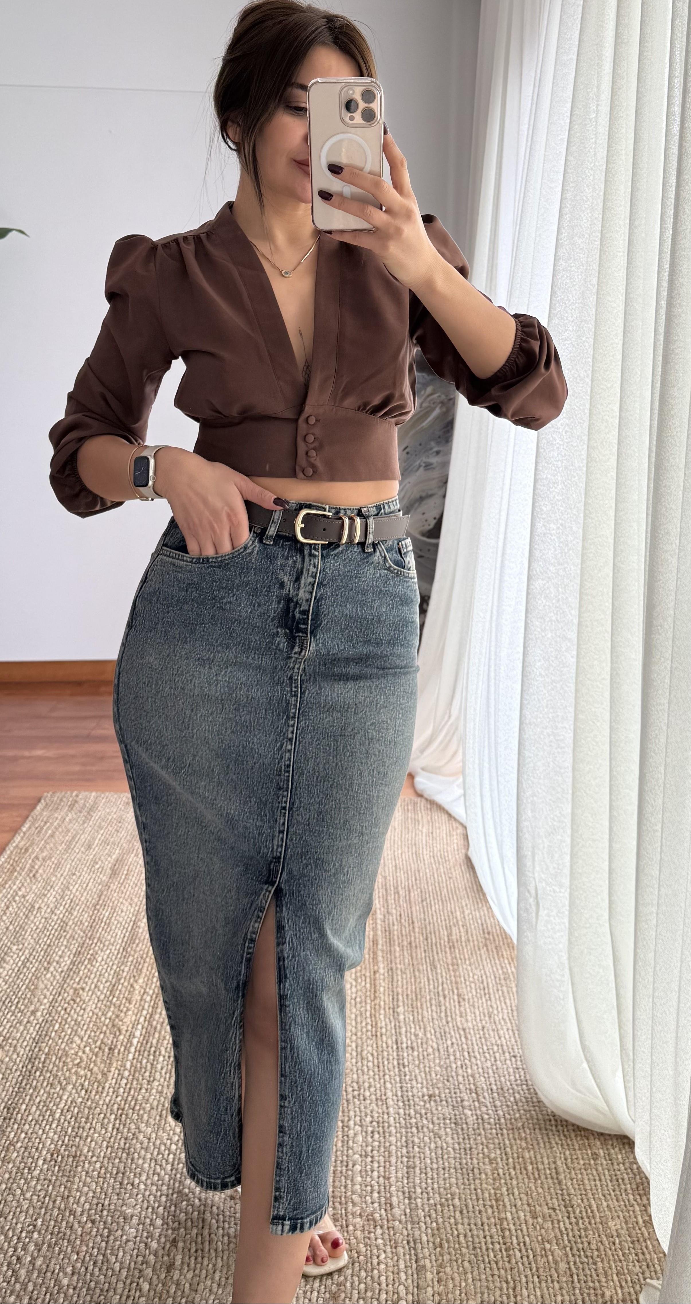 Önden Yırtmaçlı Denım Etek