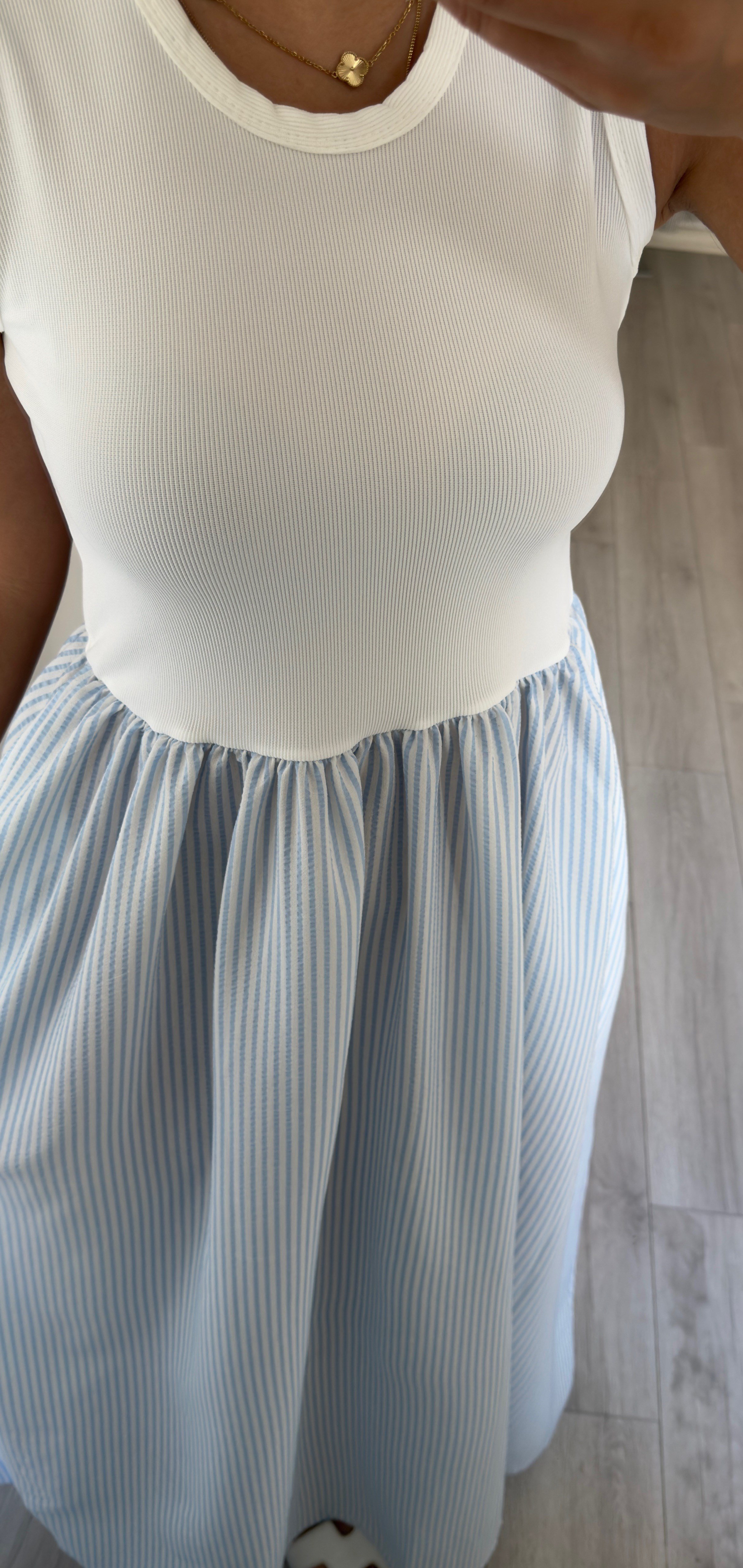 Örme Üstlü Ve Mavi Çizgili Poplin Etekli Elbise