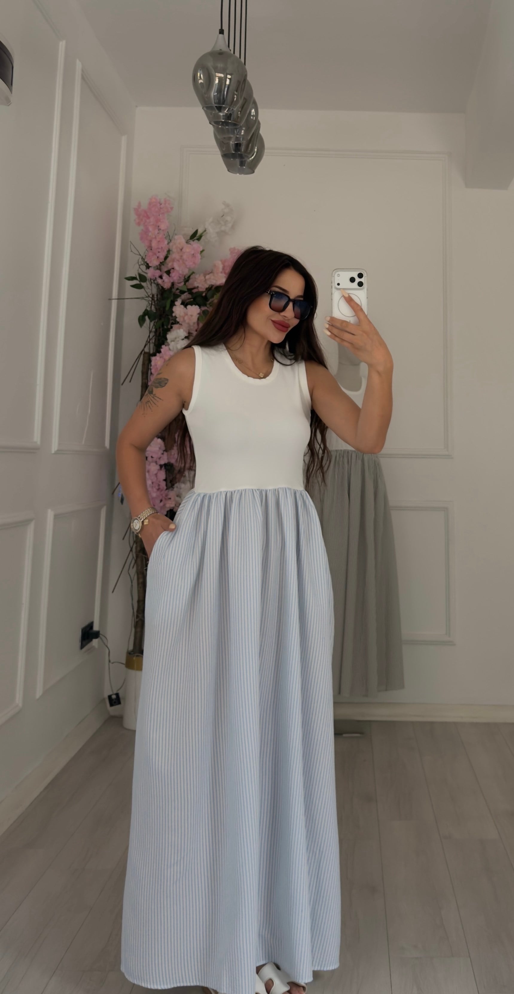 Örme Üstlü Ve Mavi Çizgili Poplin Etekli Elbise