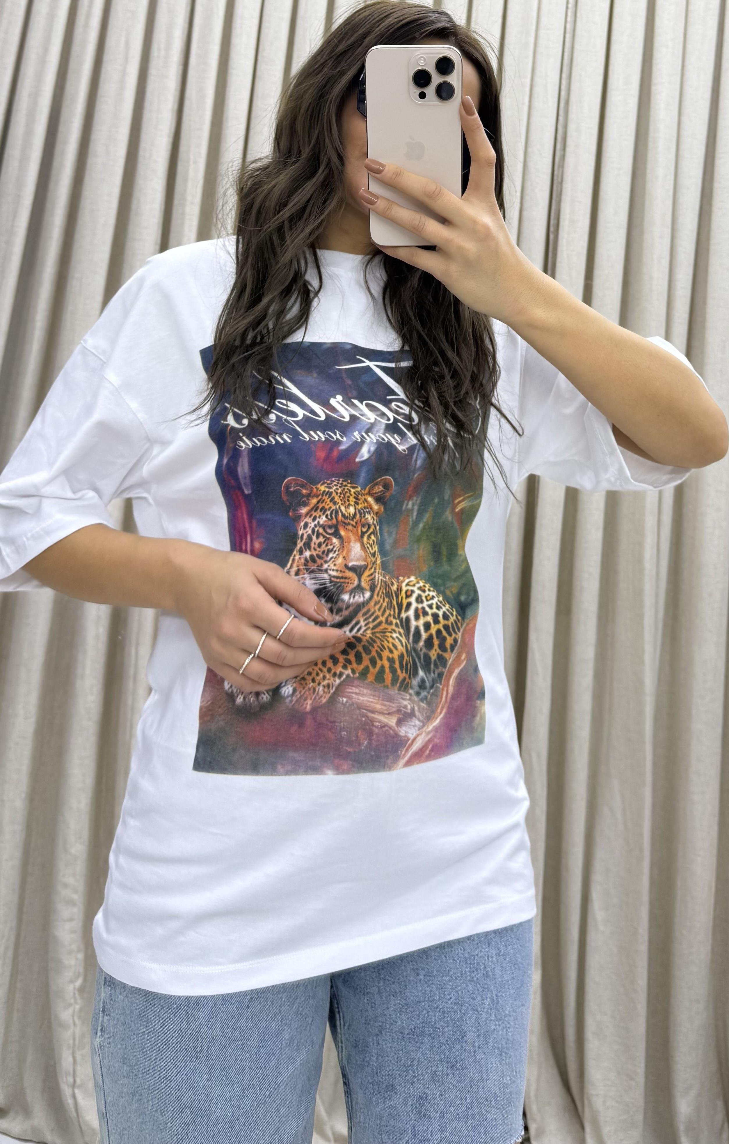 Oversize %100 Pamuk  Fit Baskılı Beyaz T-Shirt