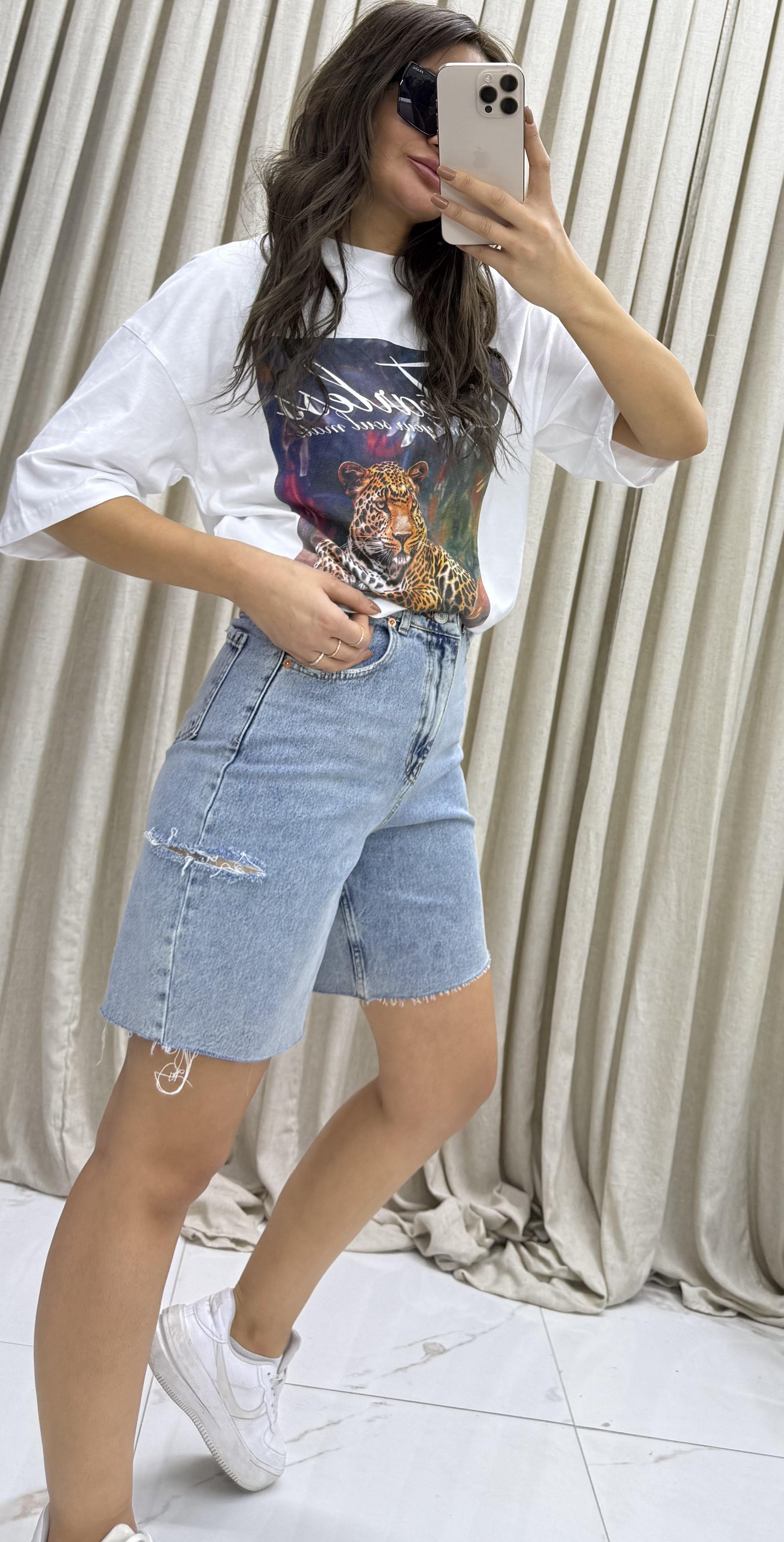 Oversize %100 Pamuk  Fit Baskılı Beyaz T-Shirt