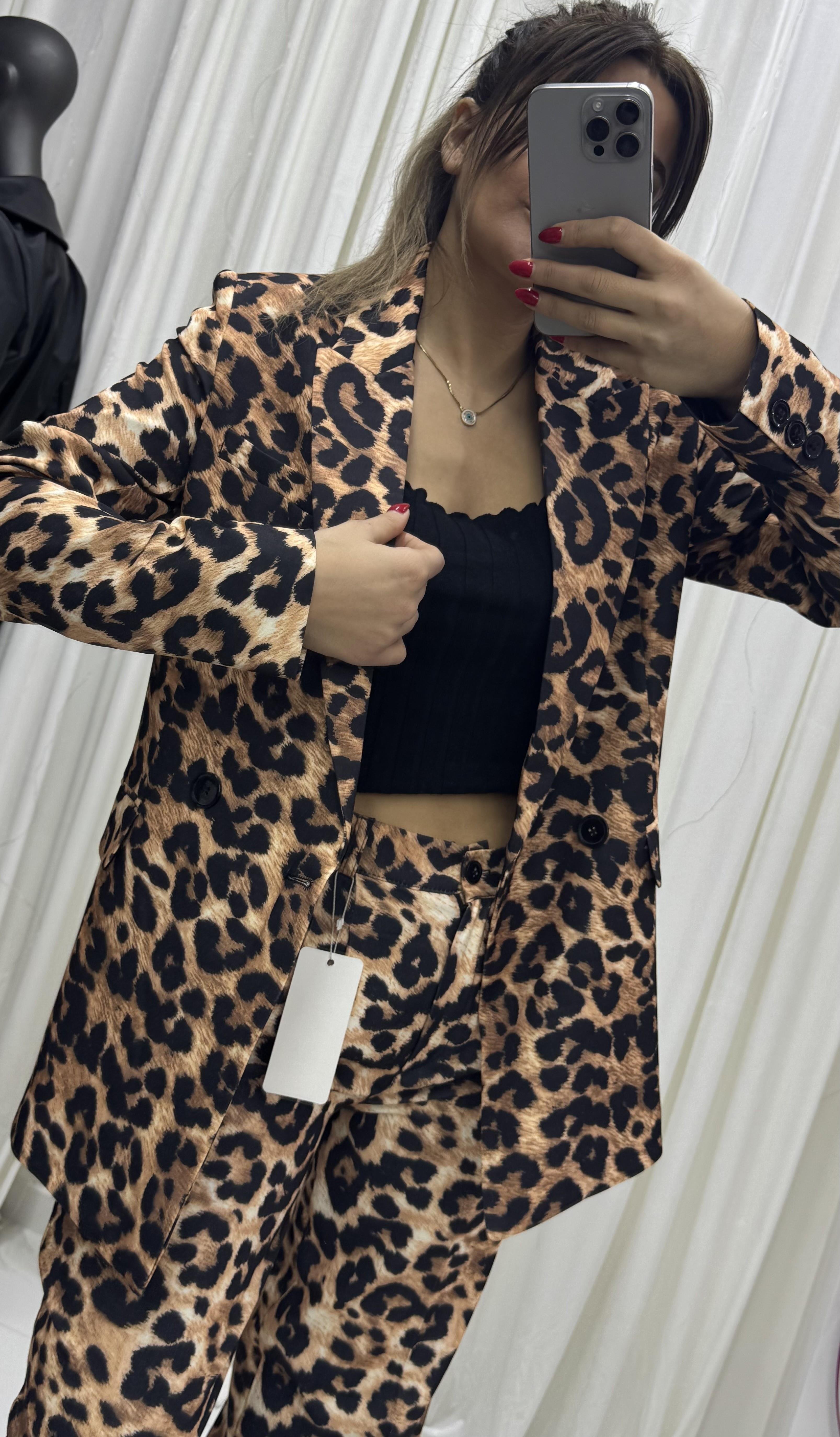 Oversize Leopar Desen Astarlı Ceket ve Pantolon
