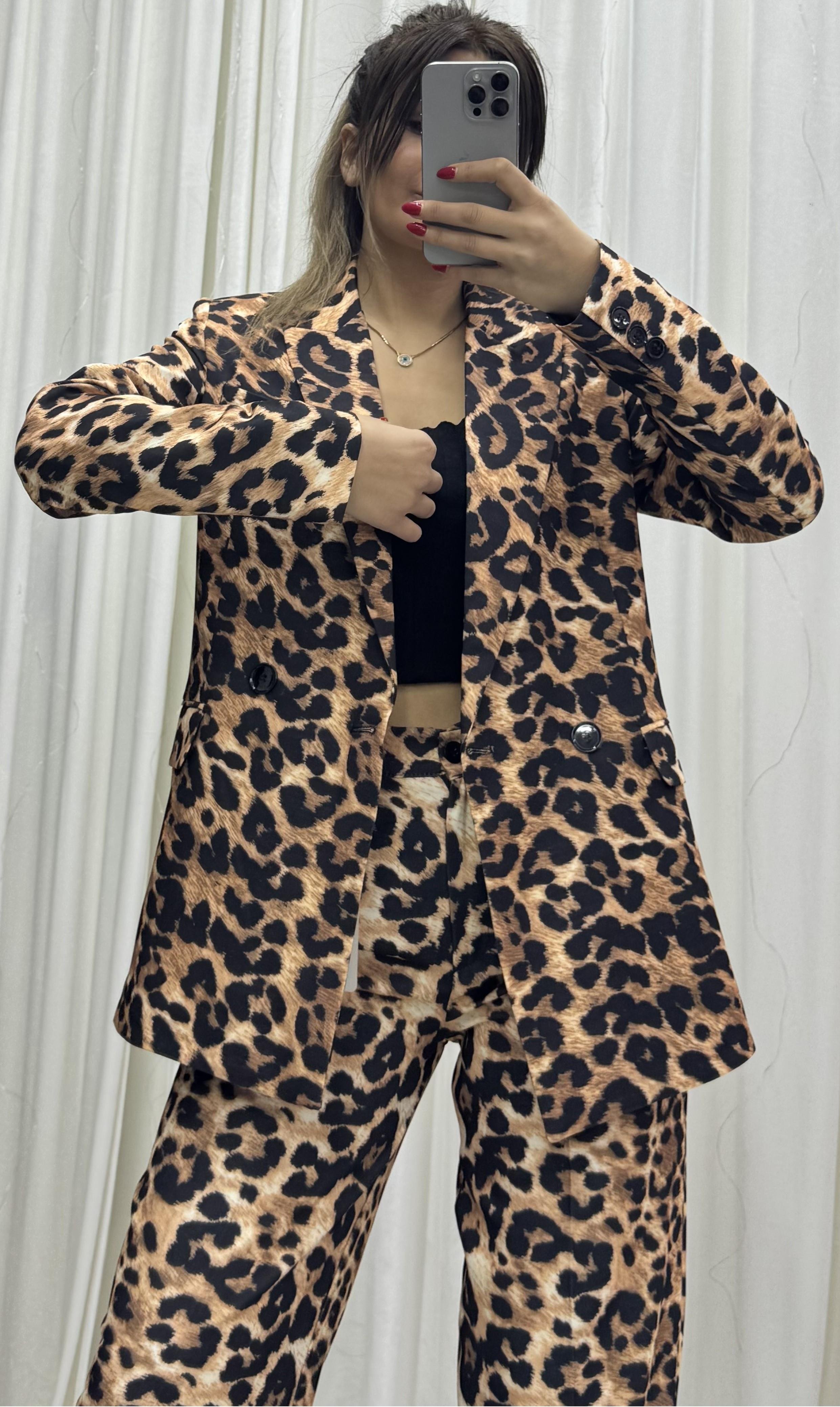 Oversize Leopar Desen Astarlı Ceket ve Pantolon