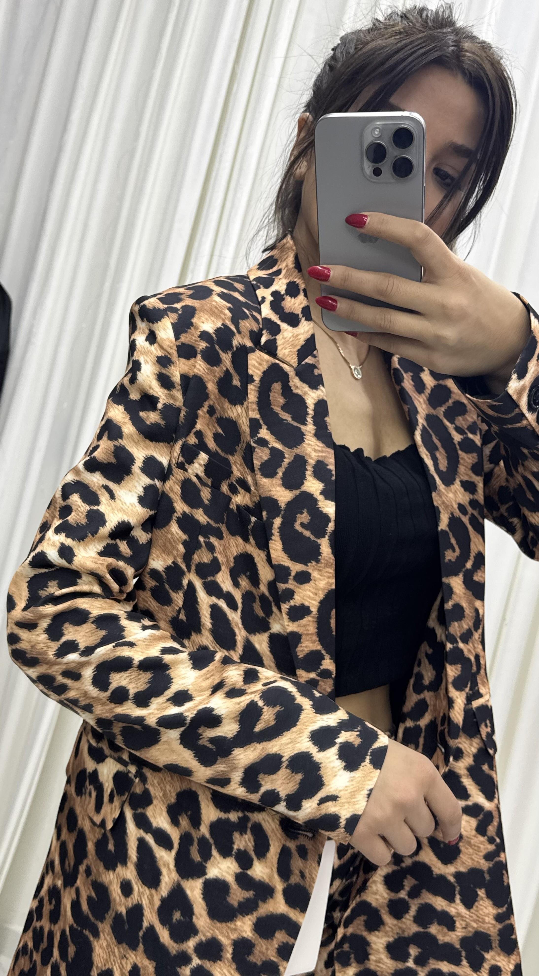 Oversize Leopar Desen Astarlı Ceket ve Pantolon