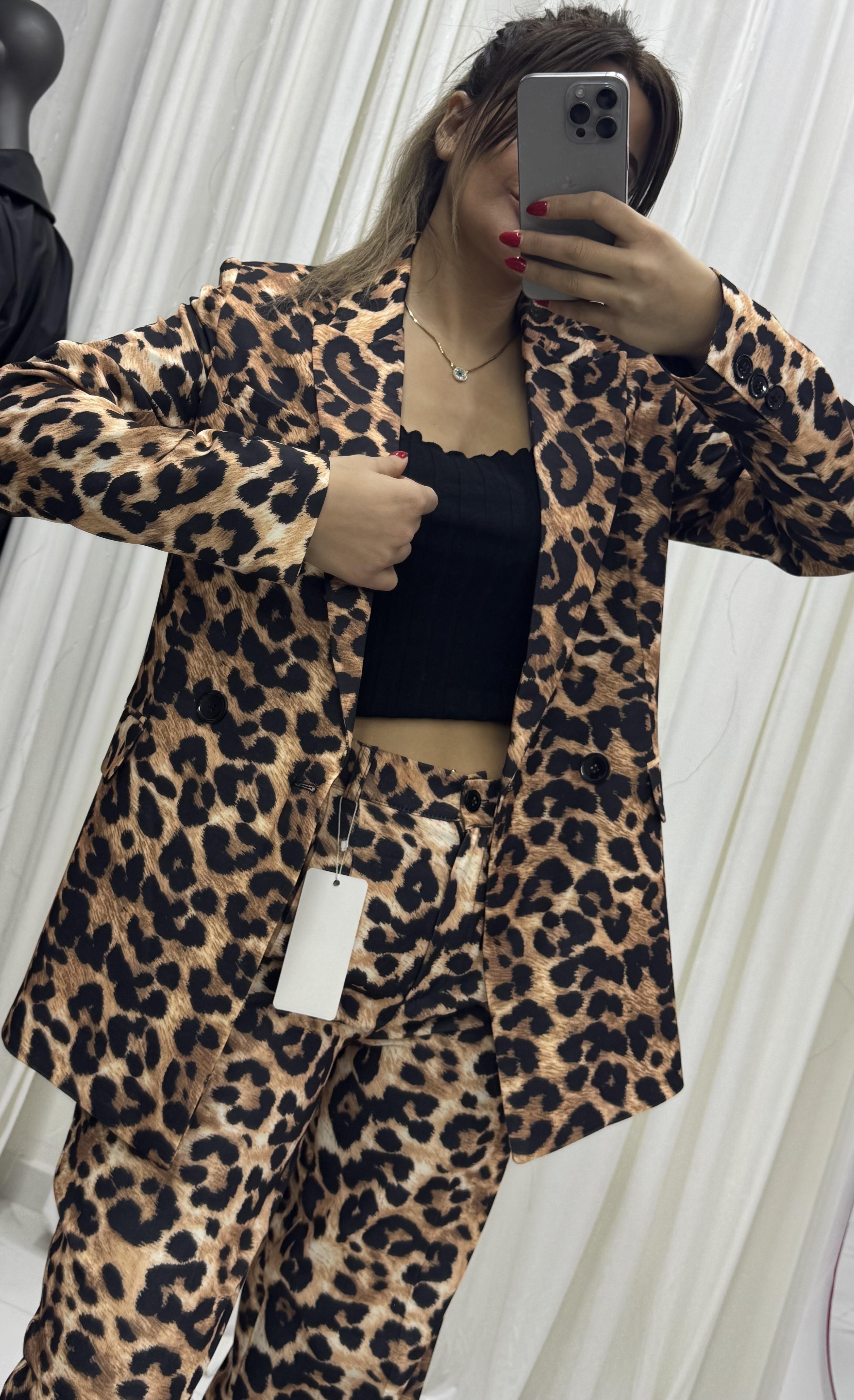 Oversize Leopar Desen Astarlı Ceket ve Pantolon