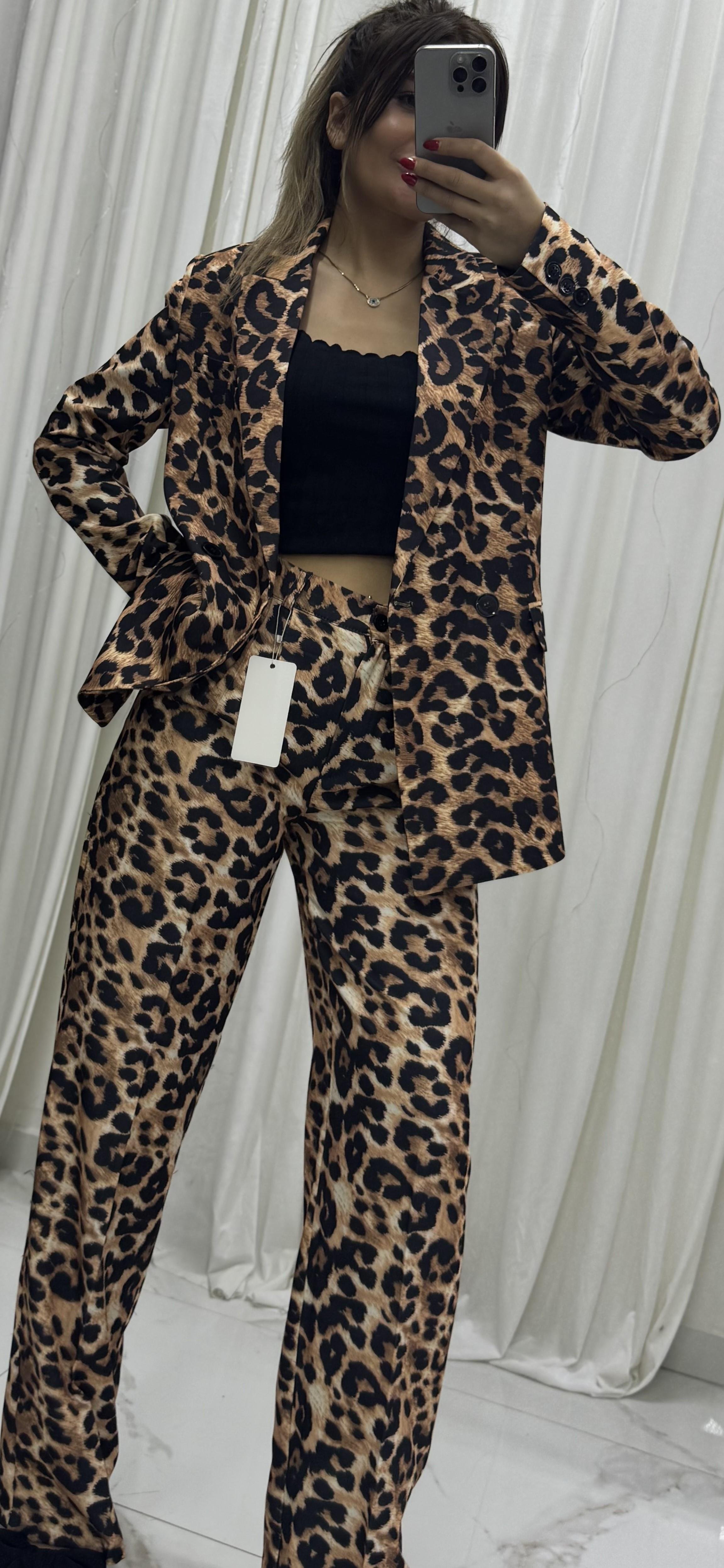 Oversize Leopar Desen Astarlı Ceket ve Pantolon