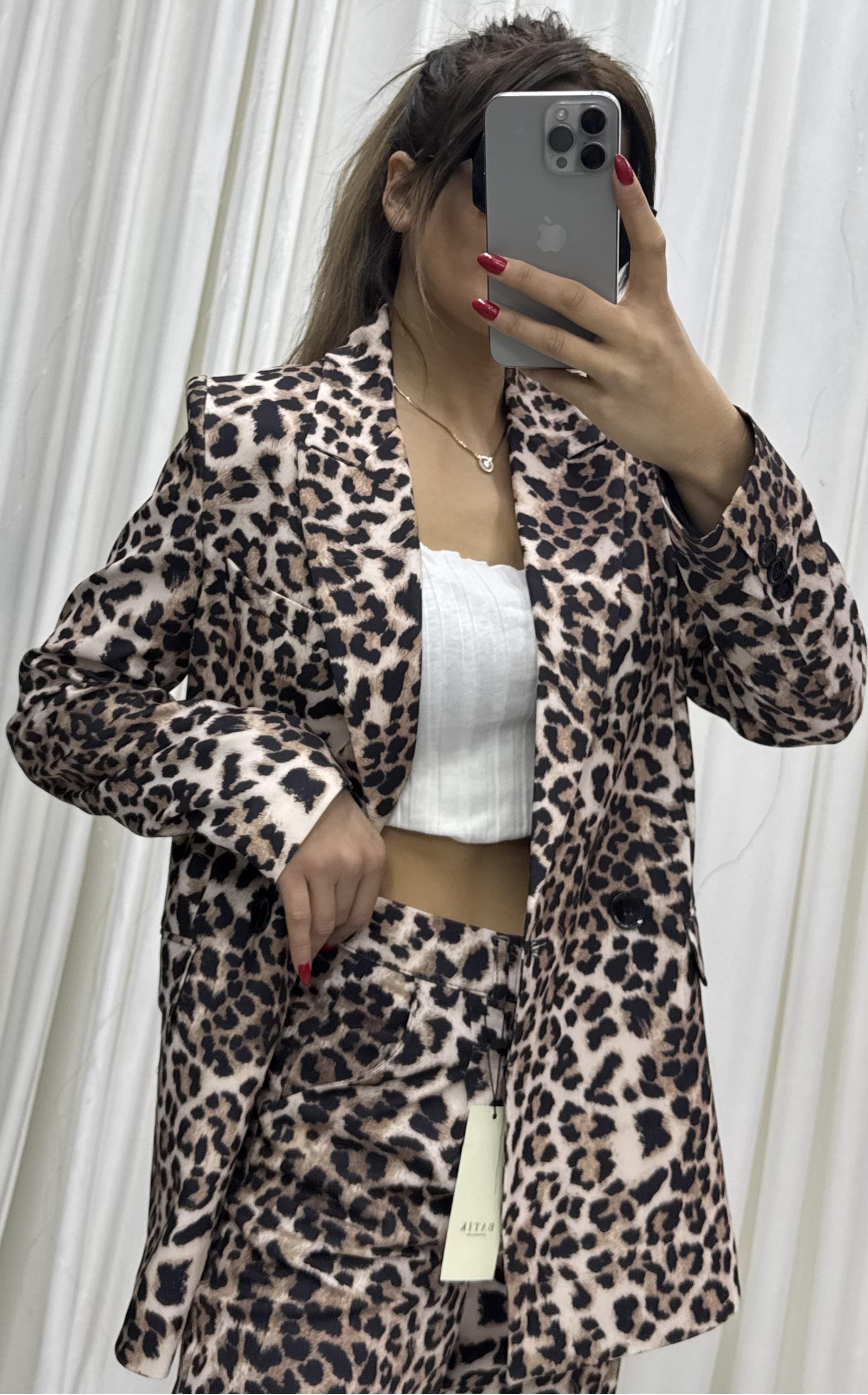 Oversize Leopar Desen Astarlı Ceket ve Pantolon