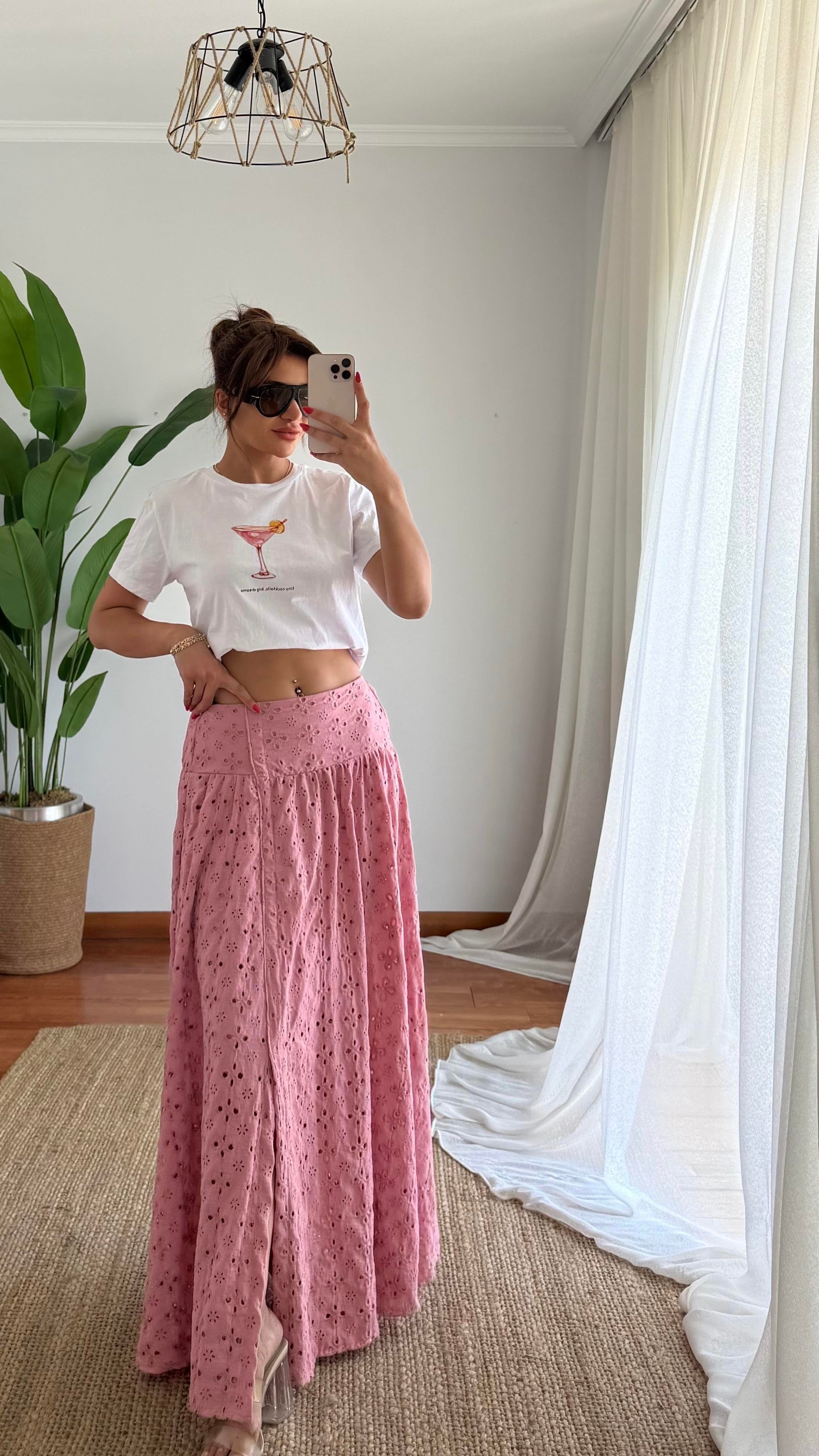 Pamuklu Brodeli Pembe Renk Etek