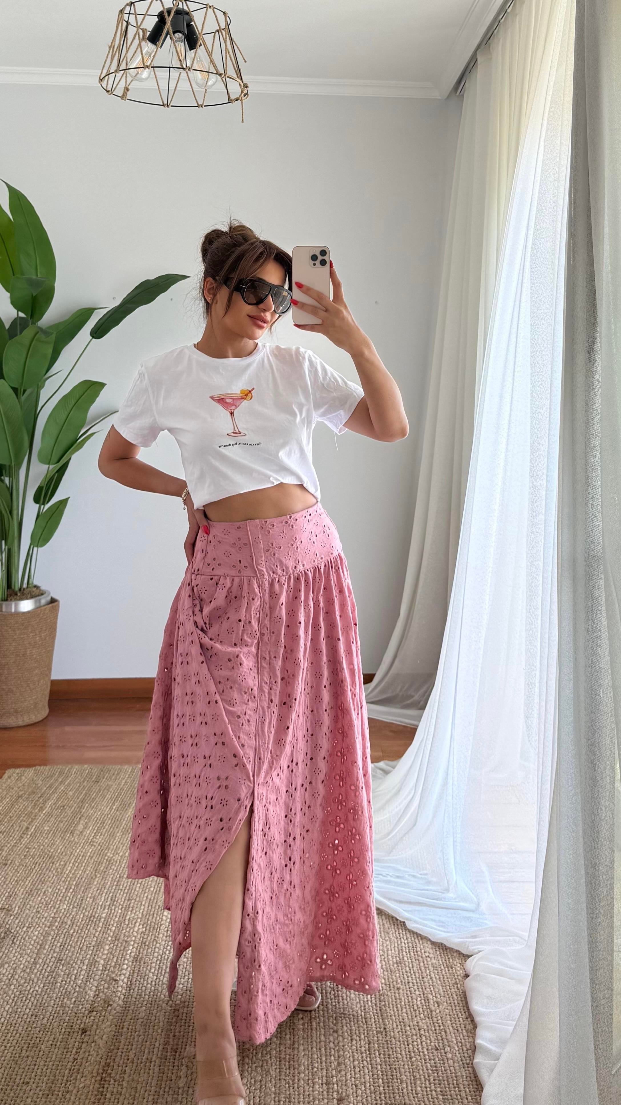 Pamuklu Brodeli Pembe Renk Etek