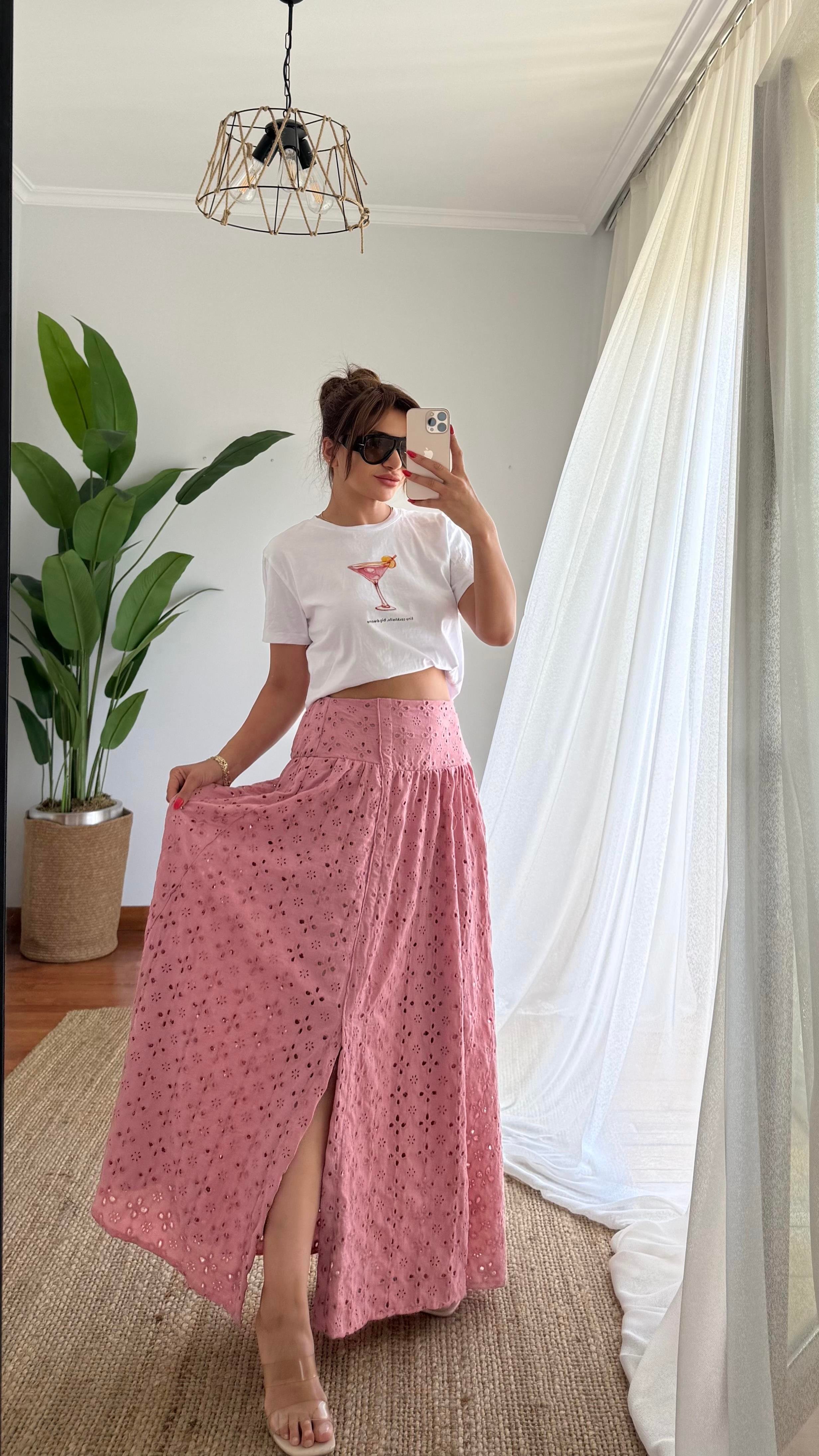 Pamuklu Brodeli Pembe Renk Etek