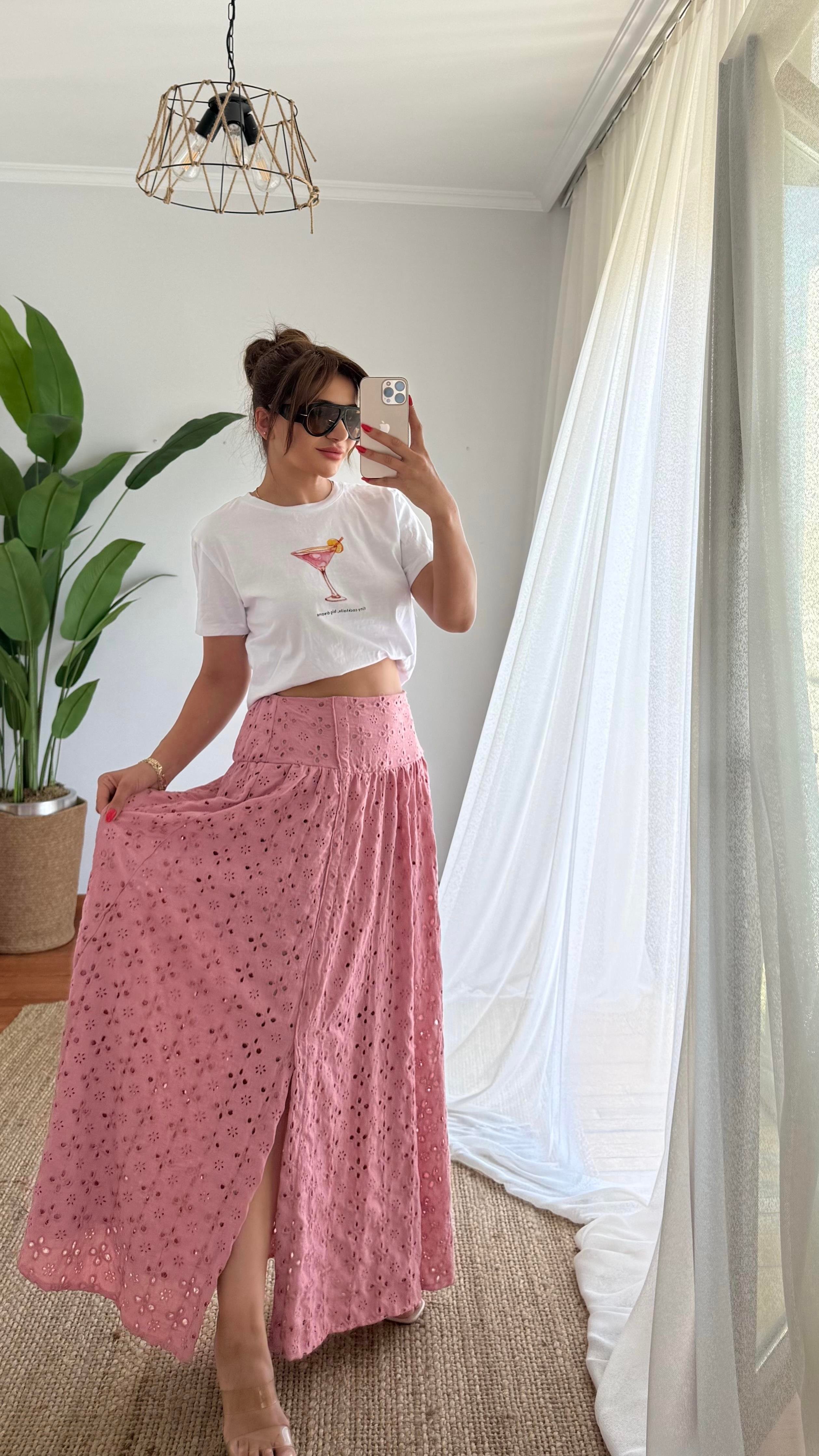 Pamuklu Brodeli Pembe Renk Etek