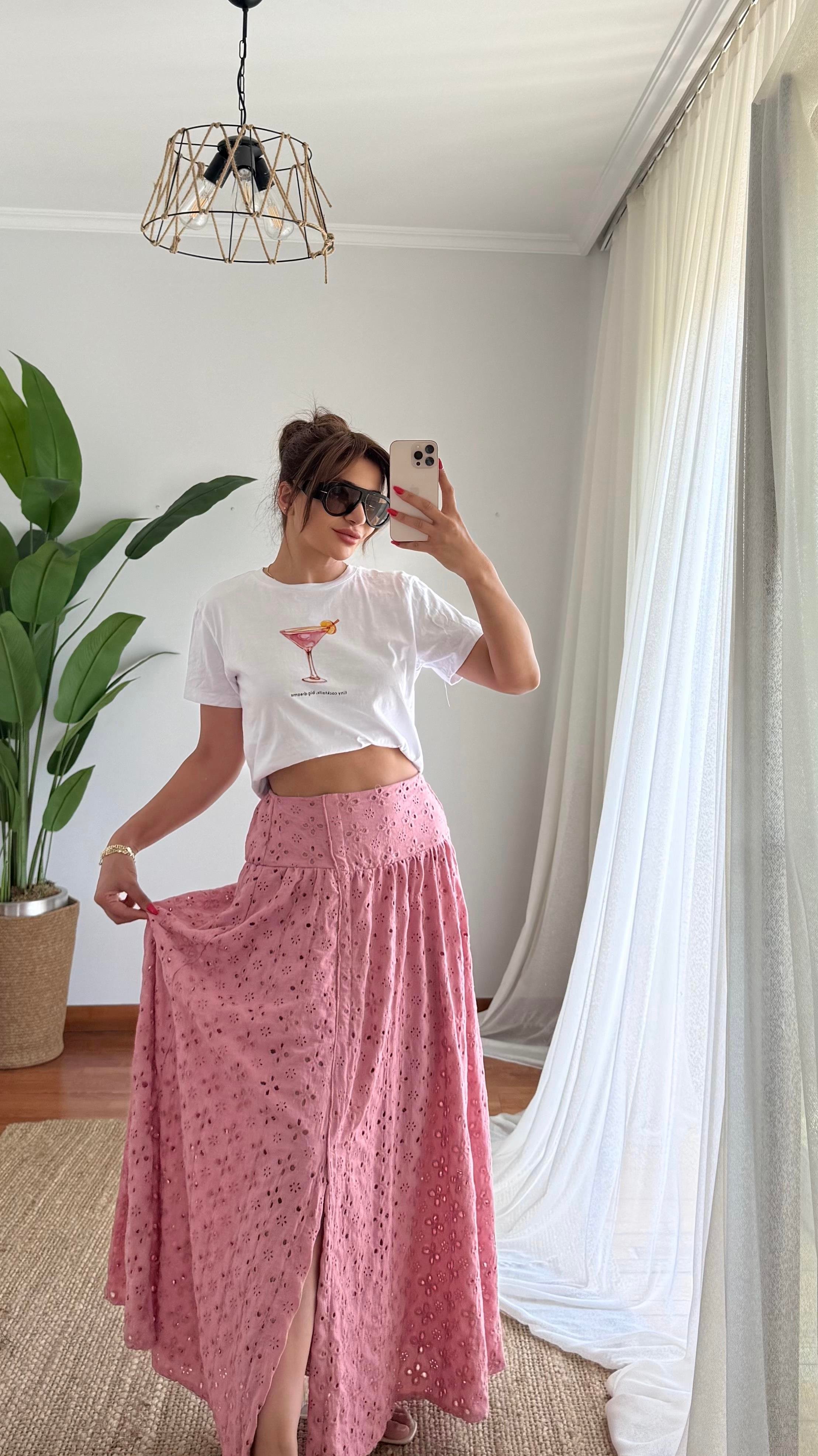 Pamuklu Brodeli Pembe Renk Etek