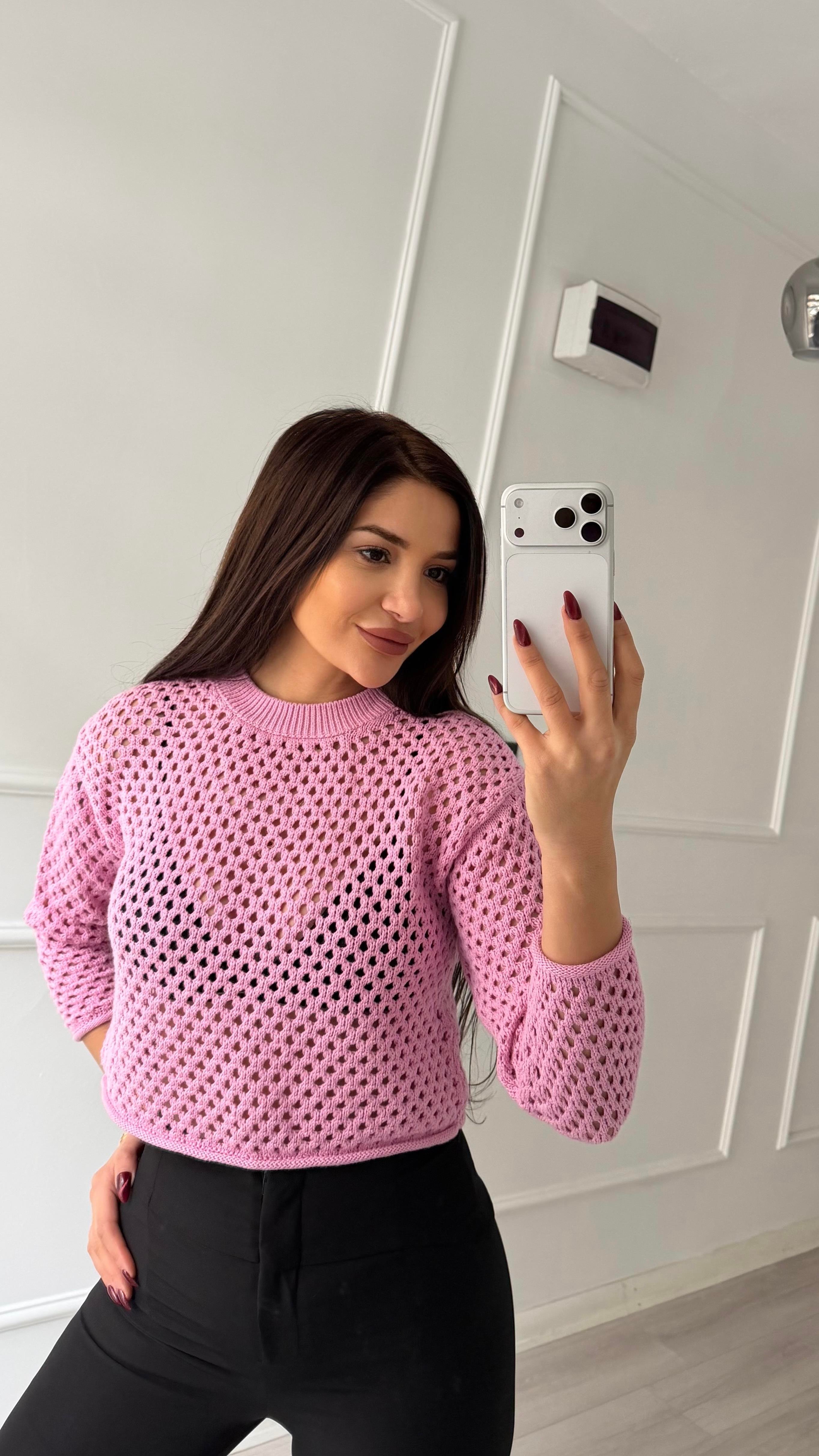 Pembe Ajurlu Bisiklet Yaka Kazak