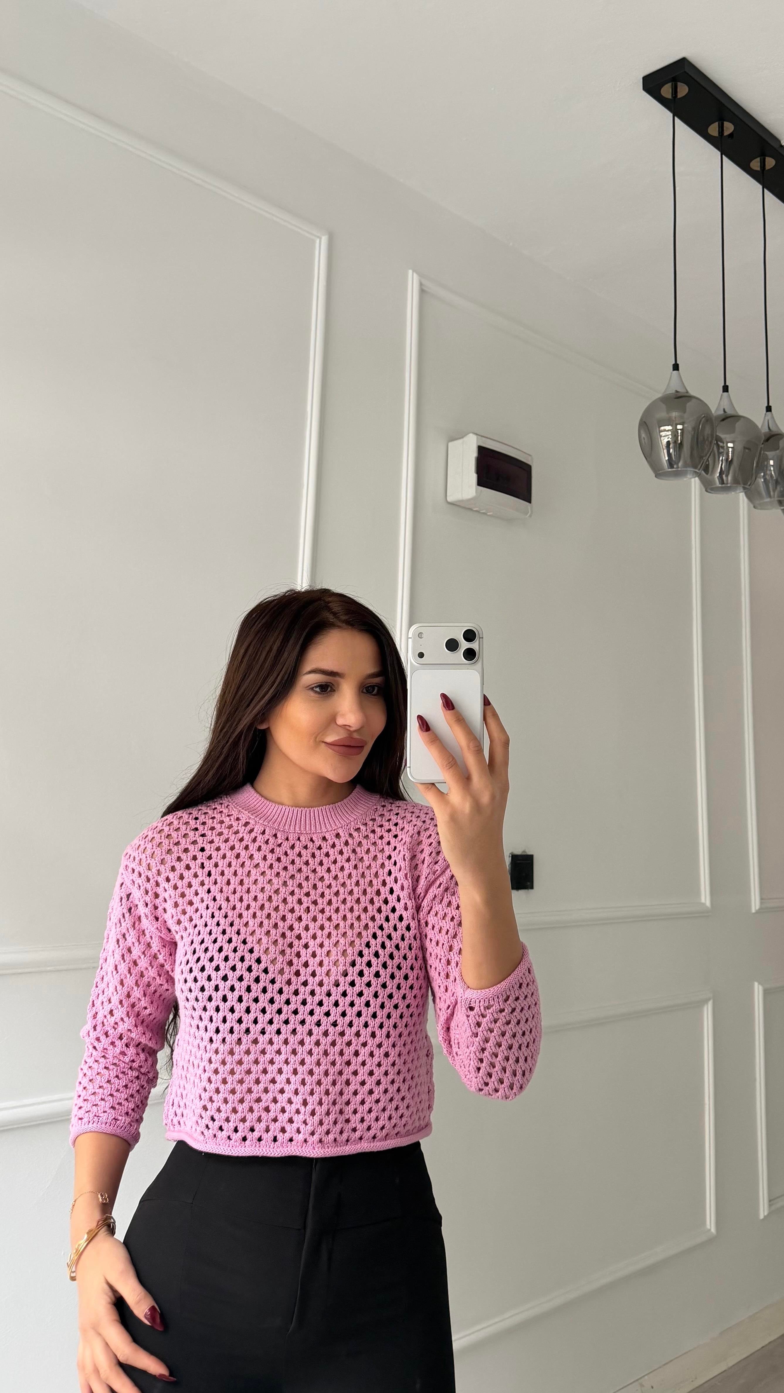 Pembe Ajurlu Bisiklet Yaka Kazak