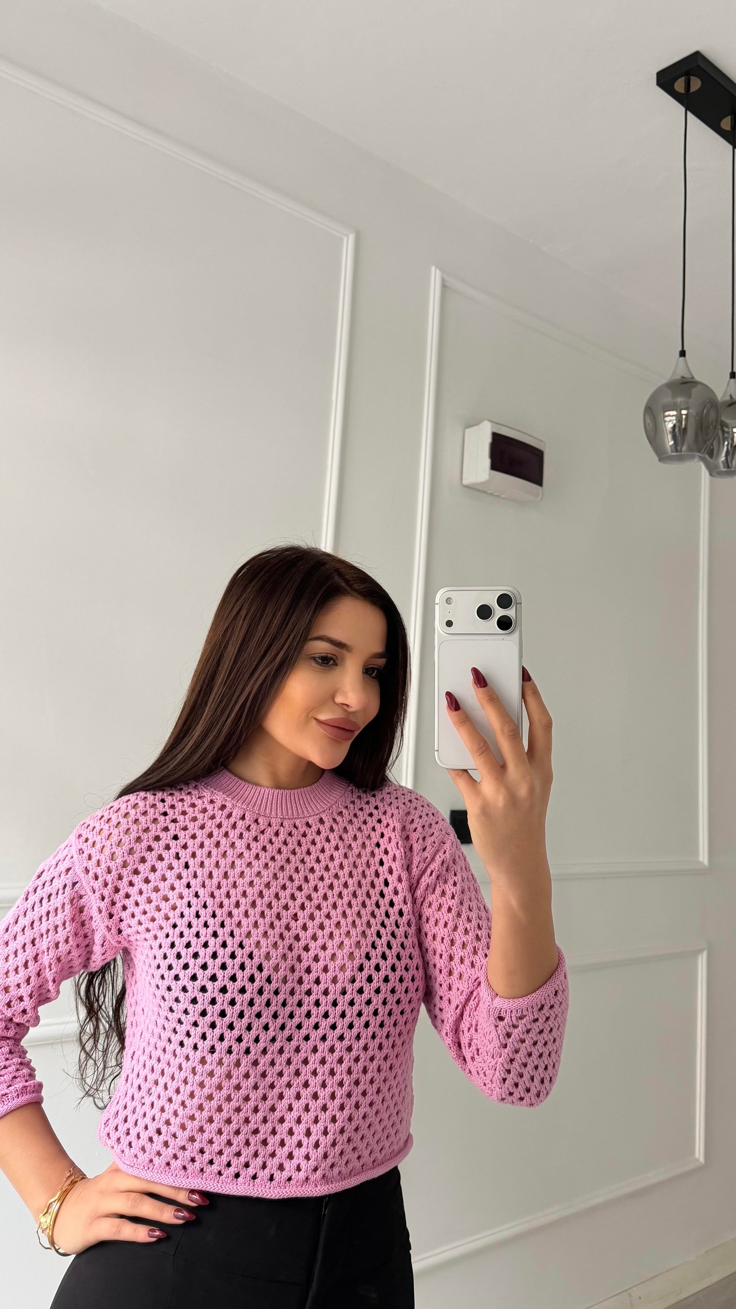 Pembe Ajurlu Bisiklet Yaka Kazak