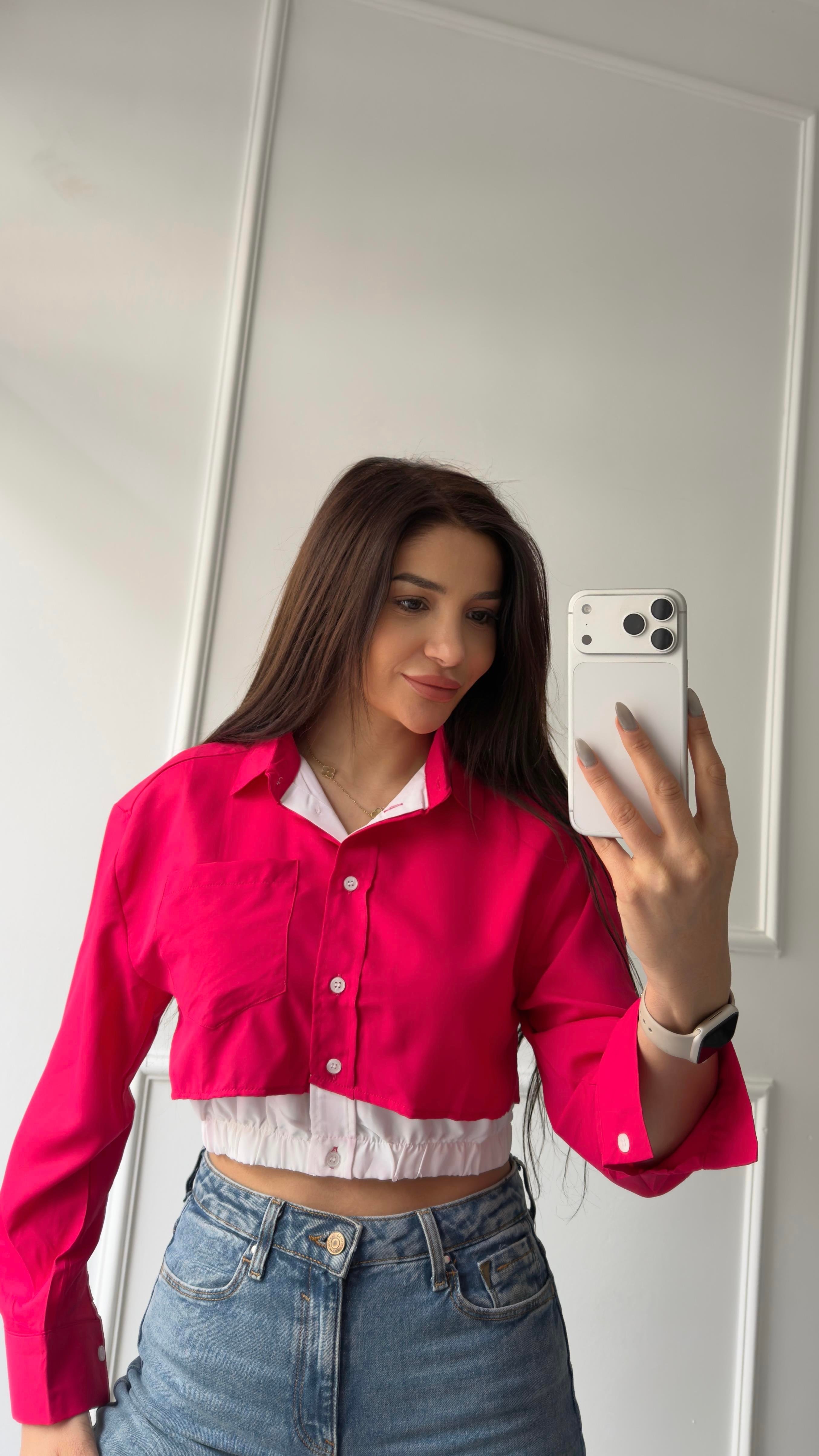 Pembe Düğmeli Beli Lastikli Gömlek