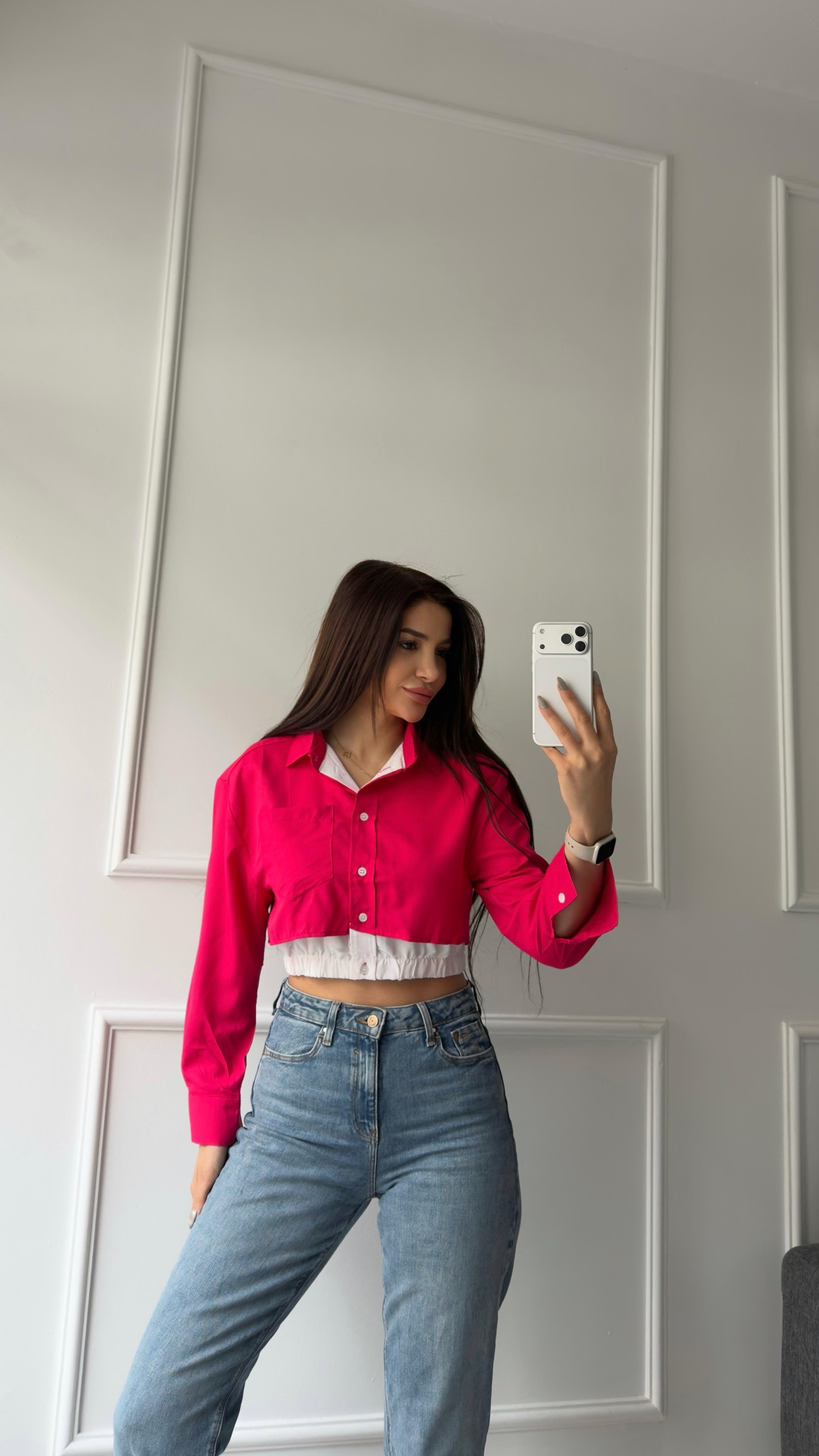 Pembe Düğmeli Beli Lastikli Gömlek