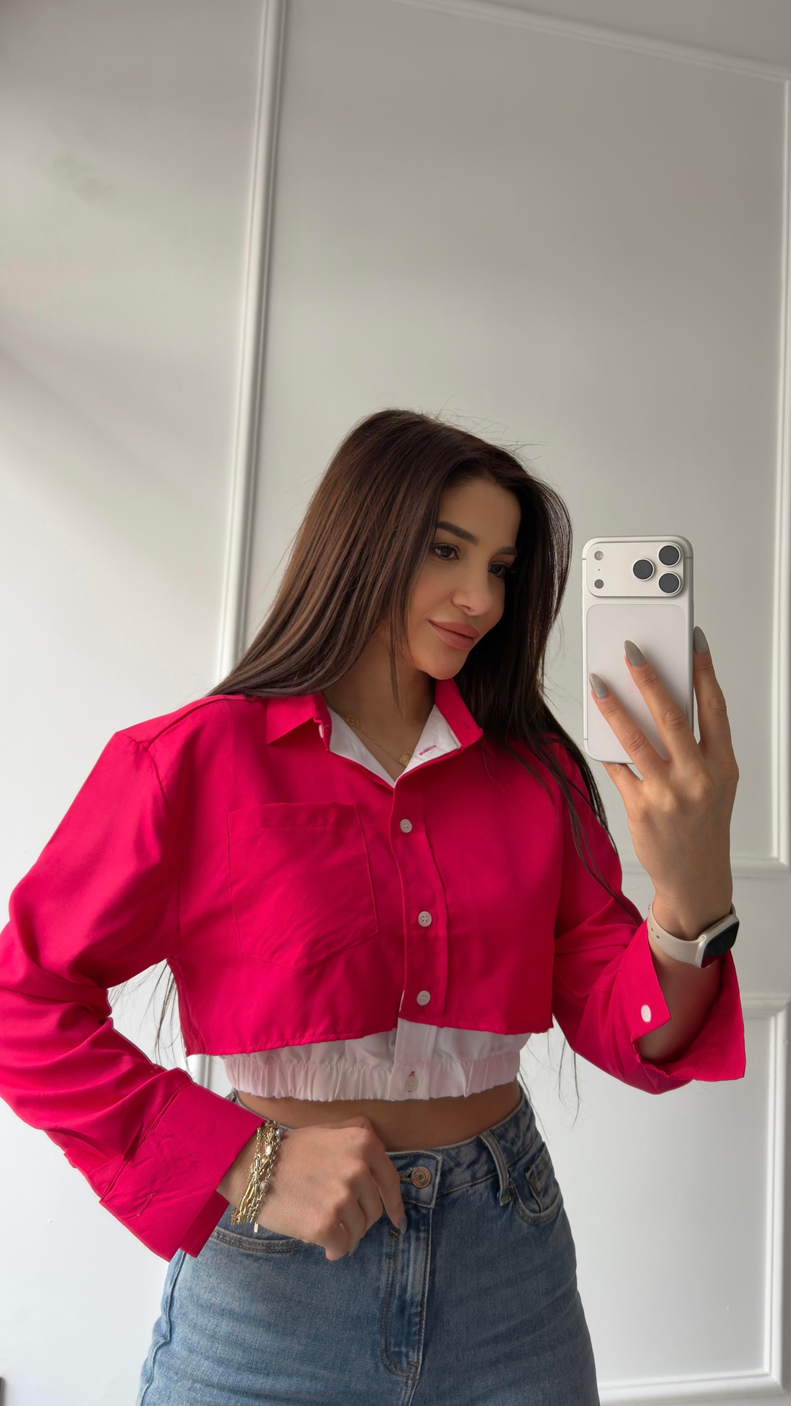 Pembe Düğmeli Beli Lastikli Gömlek