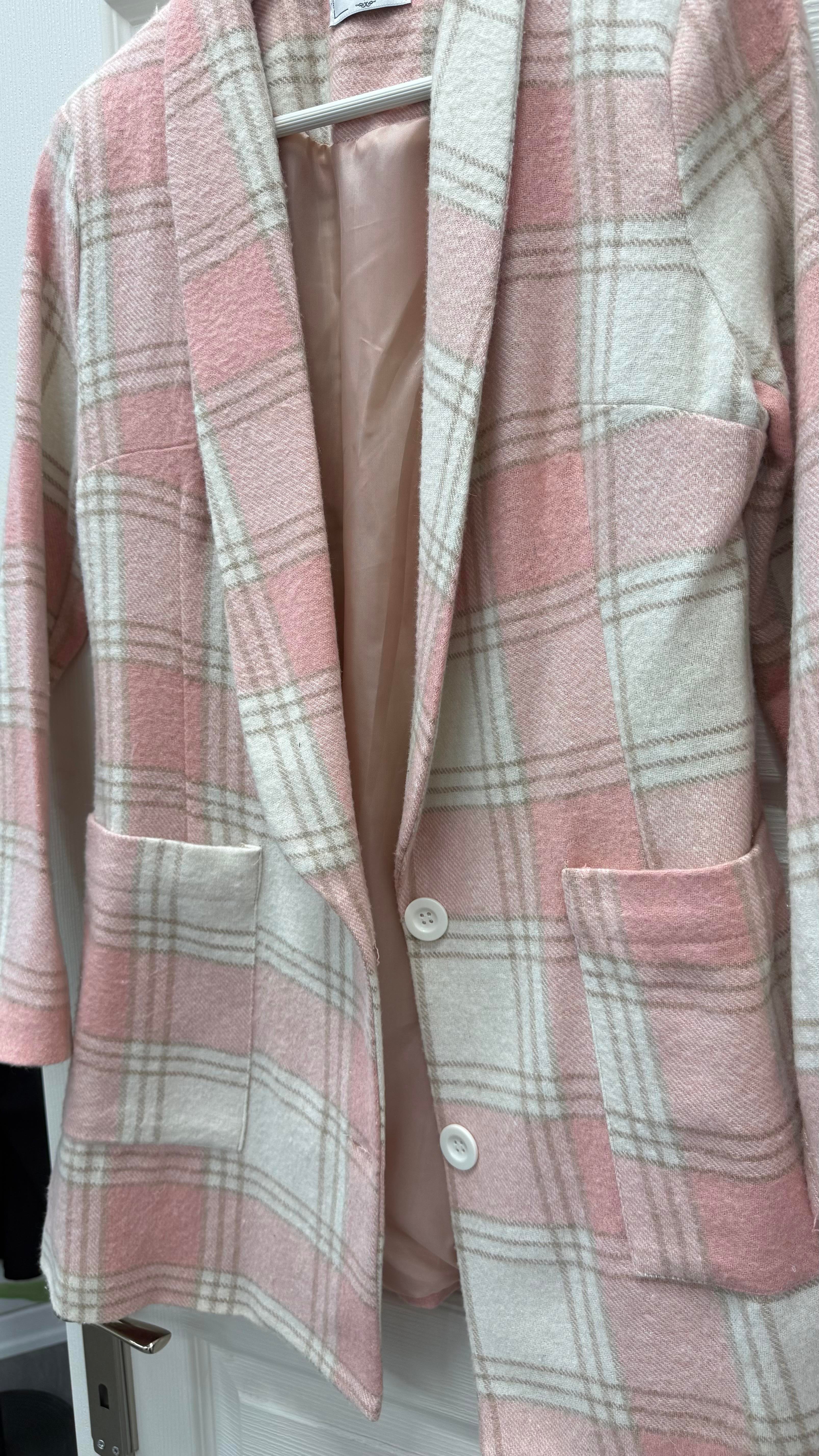 Pembe Ekose Desenli Çift Düğmeli Astarlı Ceket