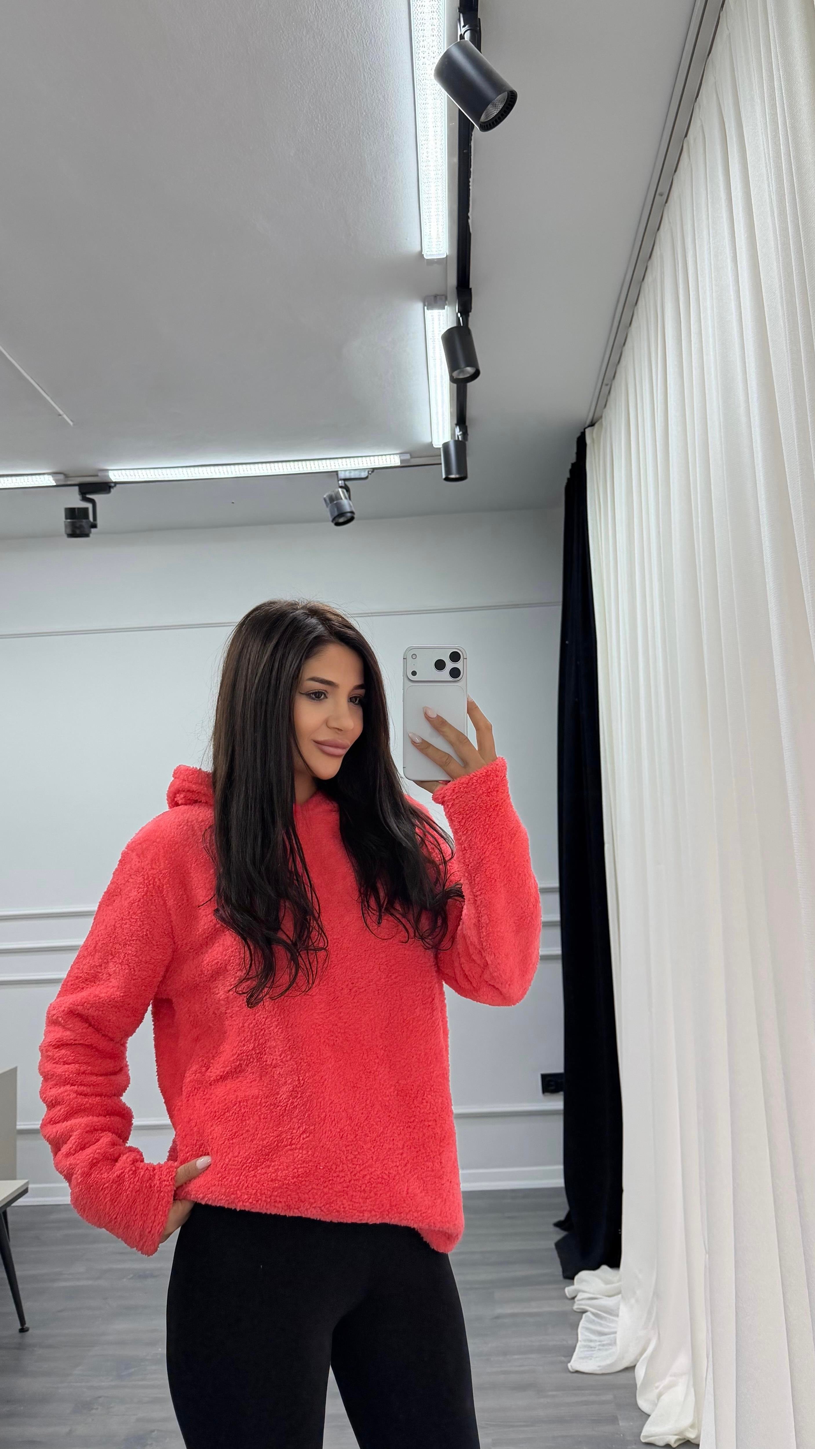 Pembe Kapüşonlu Yumoş Oversize Peluş Sweatshirt