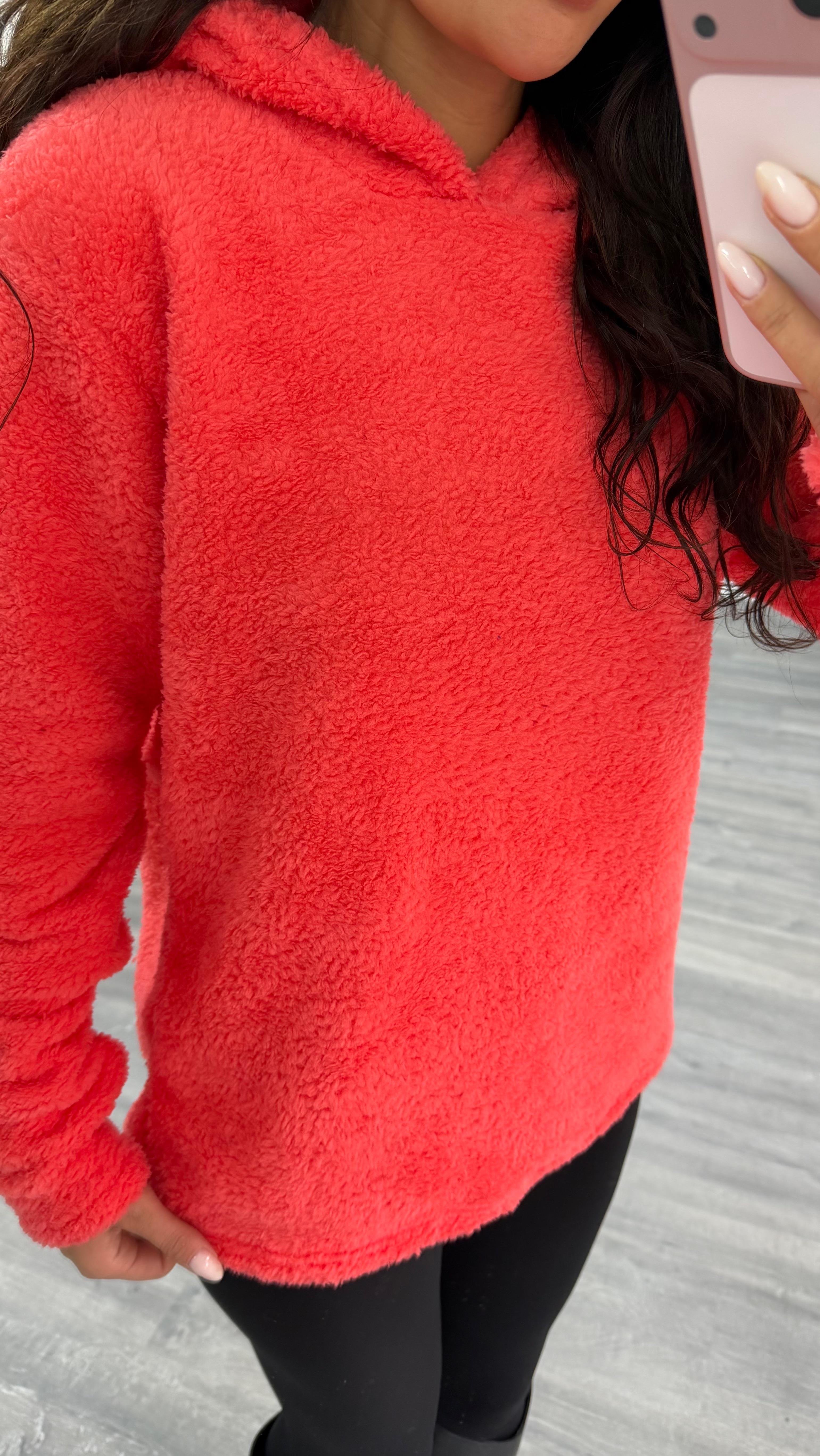 Pembe Kapüşonlu Yumoş Oversize Peluş Sweatshirt